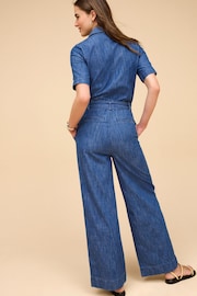 Mid Blue Lightweight Denim Wide Leg Jumpsuit - Image 3 of 6