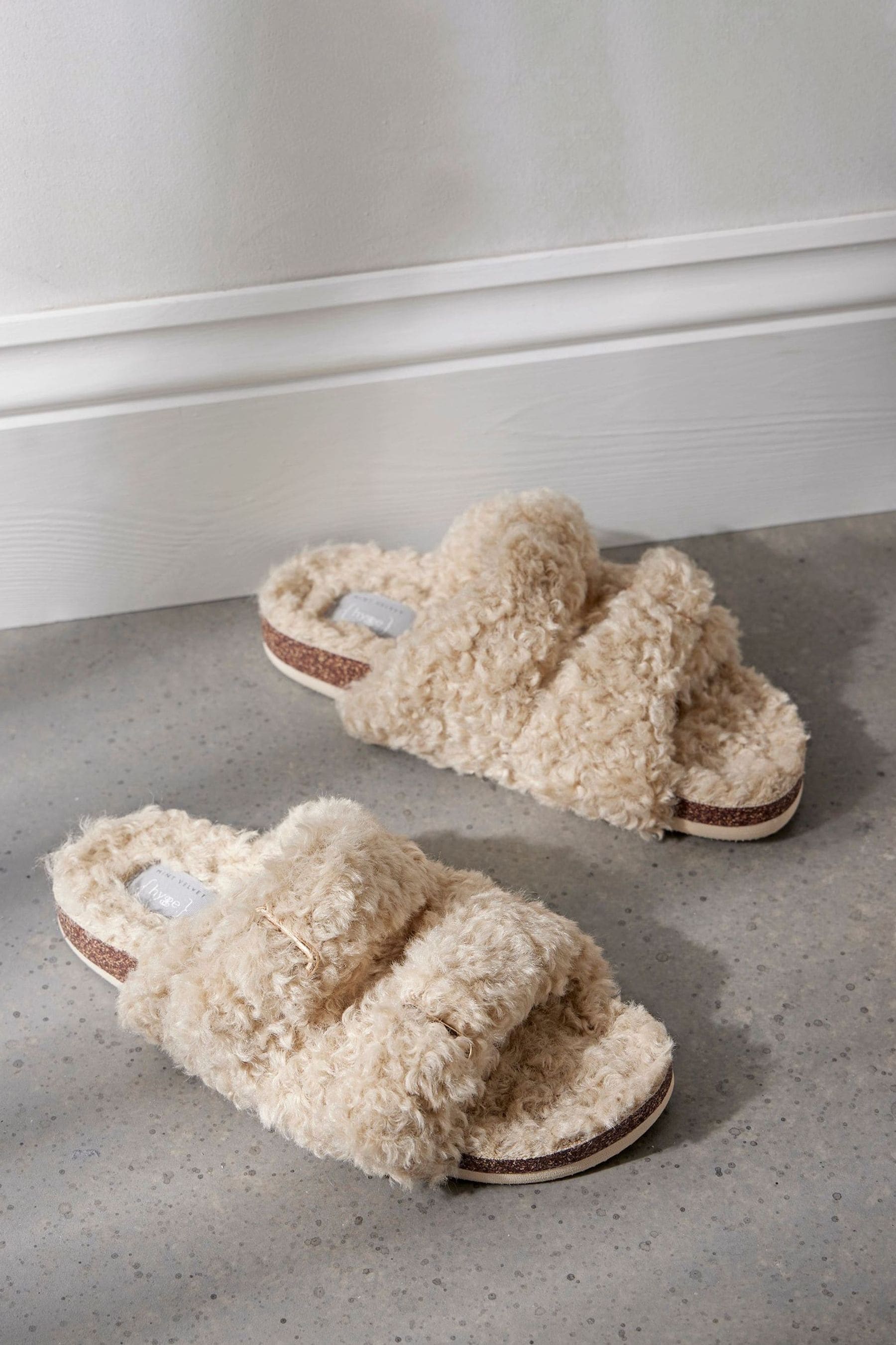 Buy Mint Velvet Cream Borg Strappy Sliders from Next Luxembourg