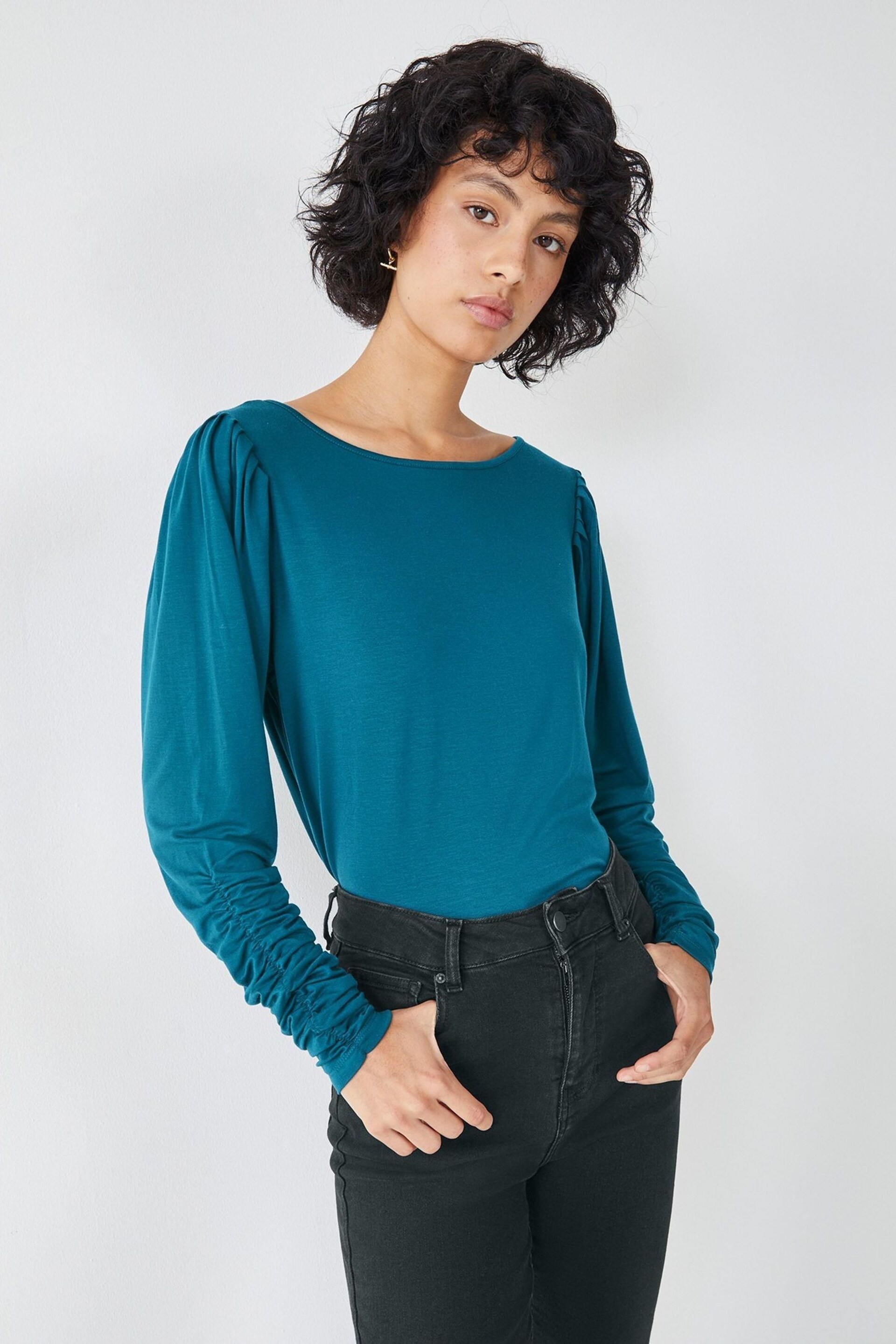 Hush Blue Charlotte Ruched Sleeve Jersey Top - Image 4 of 5