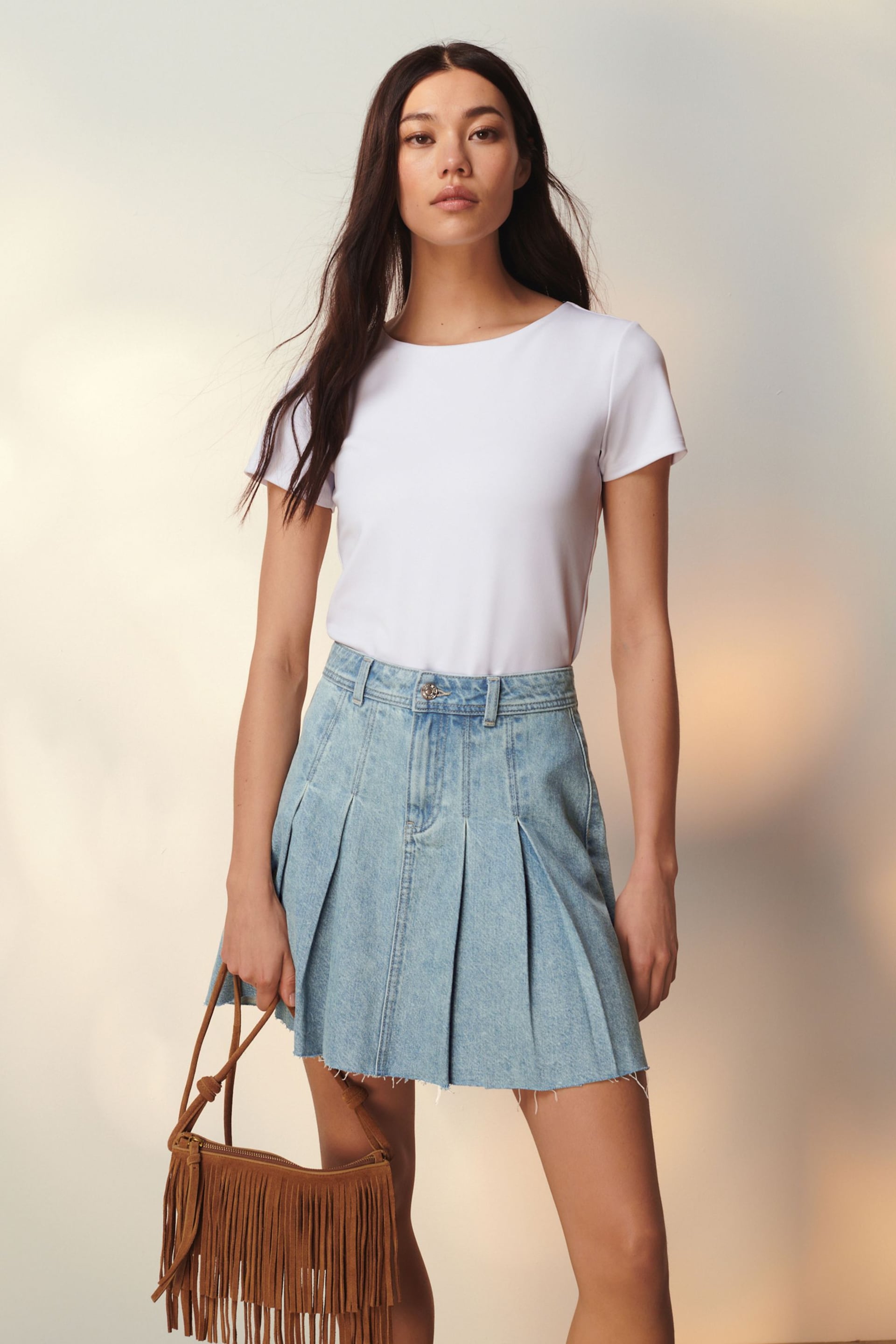Mid Blue Pleated Denim Mini Skirt - Image 1 of 7