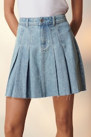 Mid Blue 100% Cotton Pleated Denim Mini Skirt - Image 2 of 7