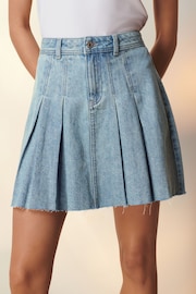Mid Blue Pleated Denim Mini Skirt - Image 3 of 7