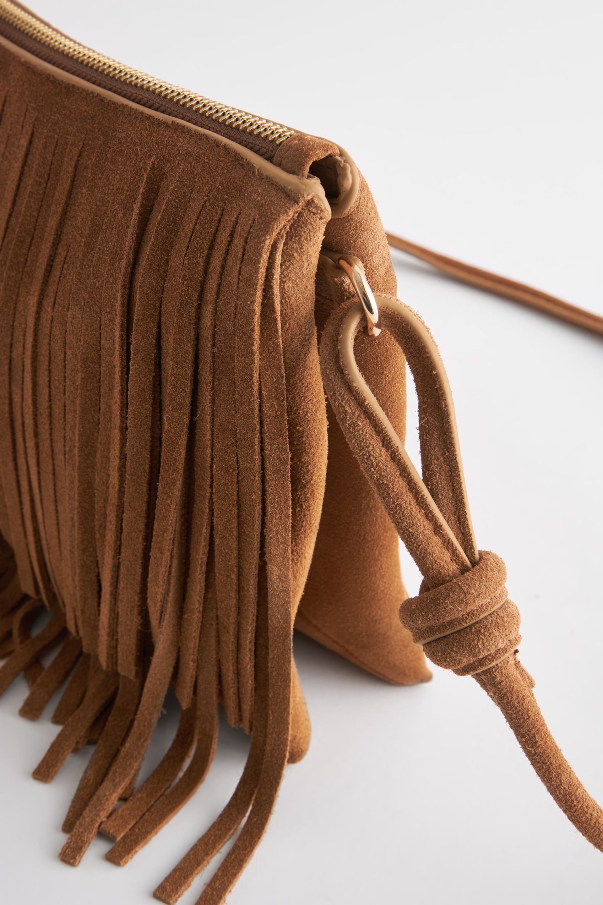 Tan Brown Leather Fringe Western Cross-Body Bag - Image 10 of 10