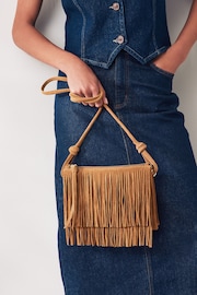 Tan Brown Leather Fringe Western Cross-Body Bag - Image 2 of 10