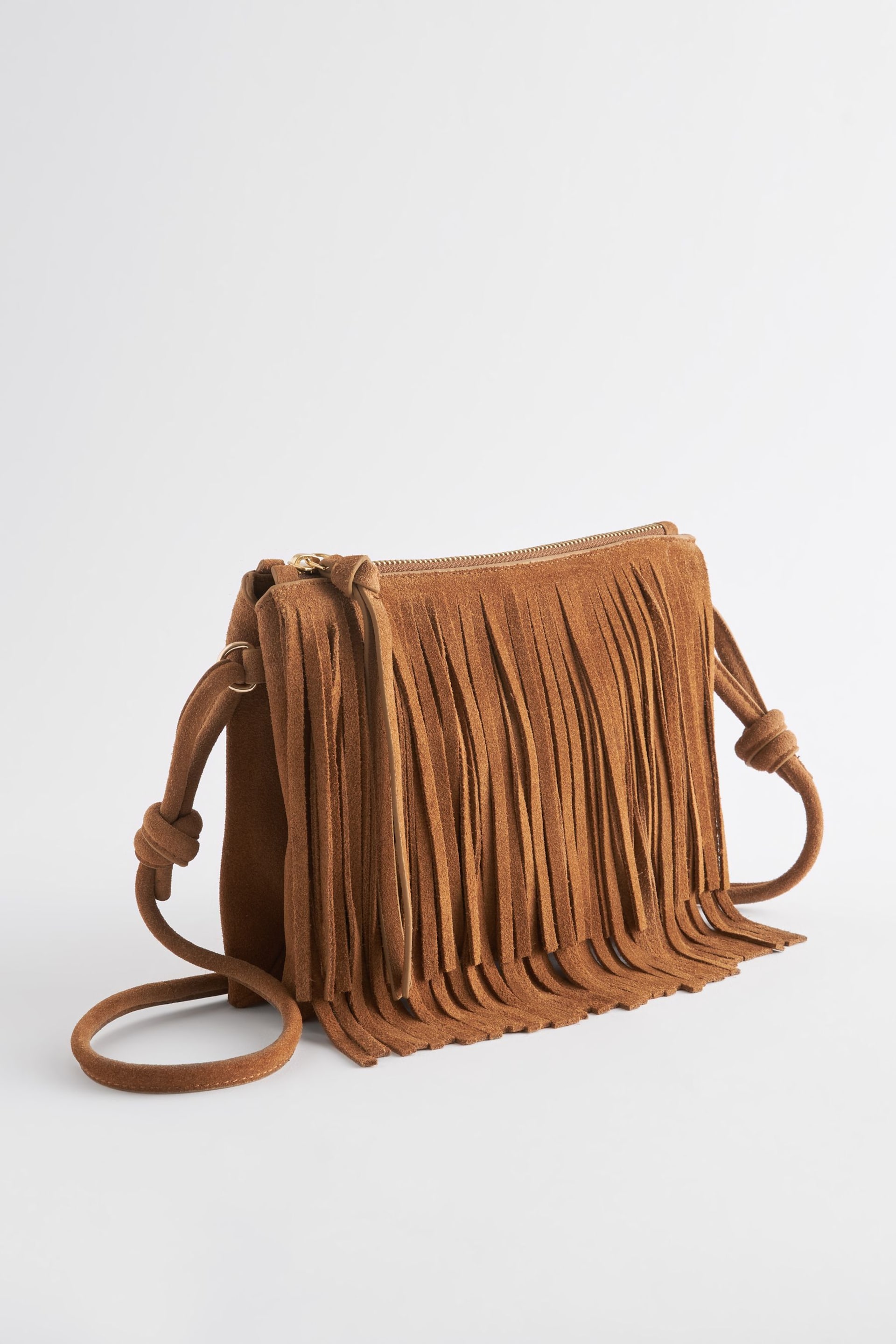 Tan Brown Leather Fringe Western Cross-Body Bag - Image 6 of 10