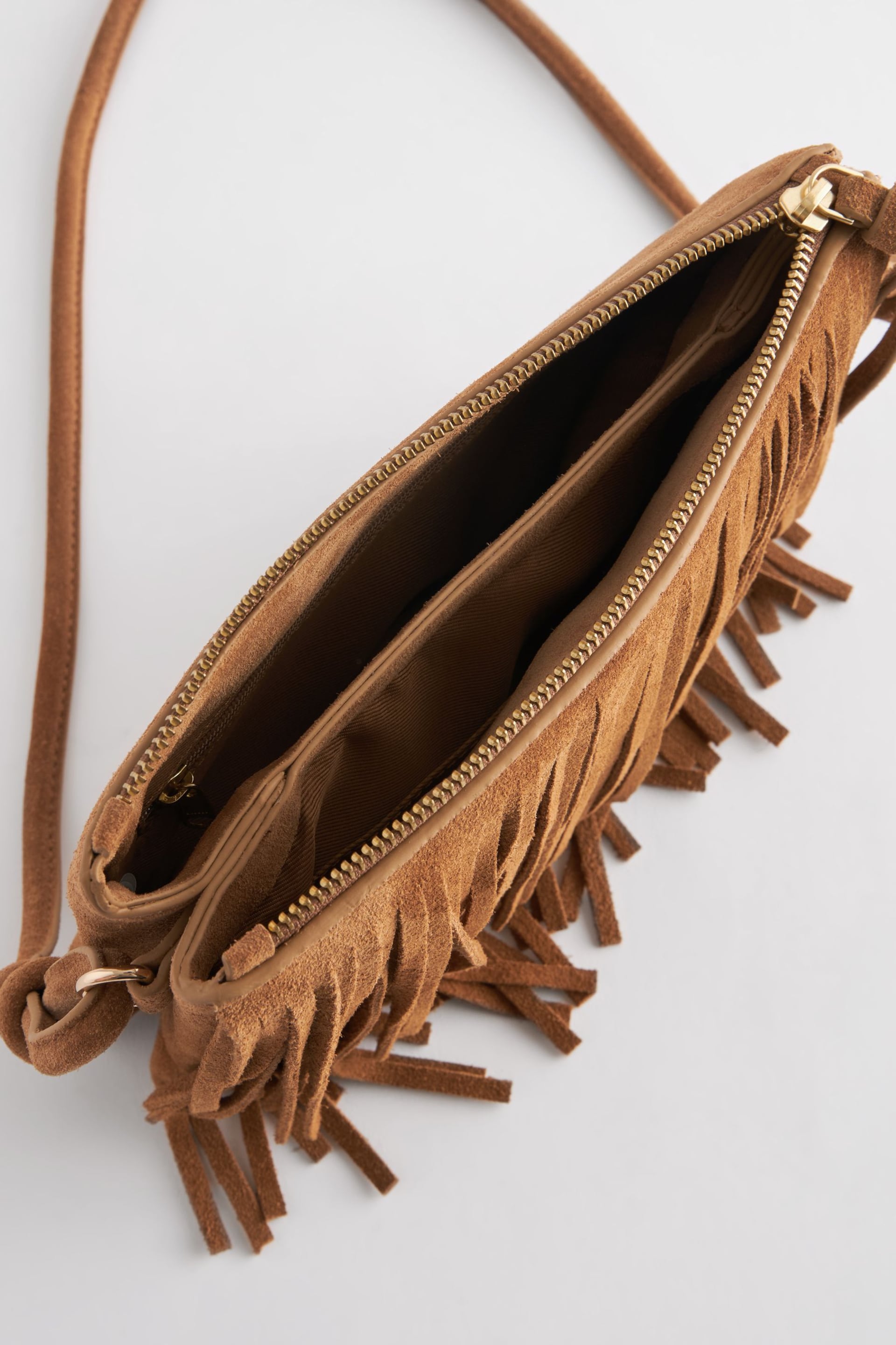 Tan Brown Leather Fringe Western Cross-Body Bag - Image 9 of 10