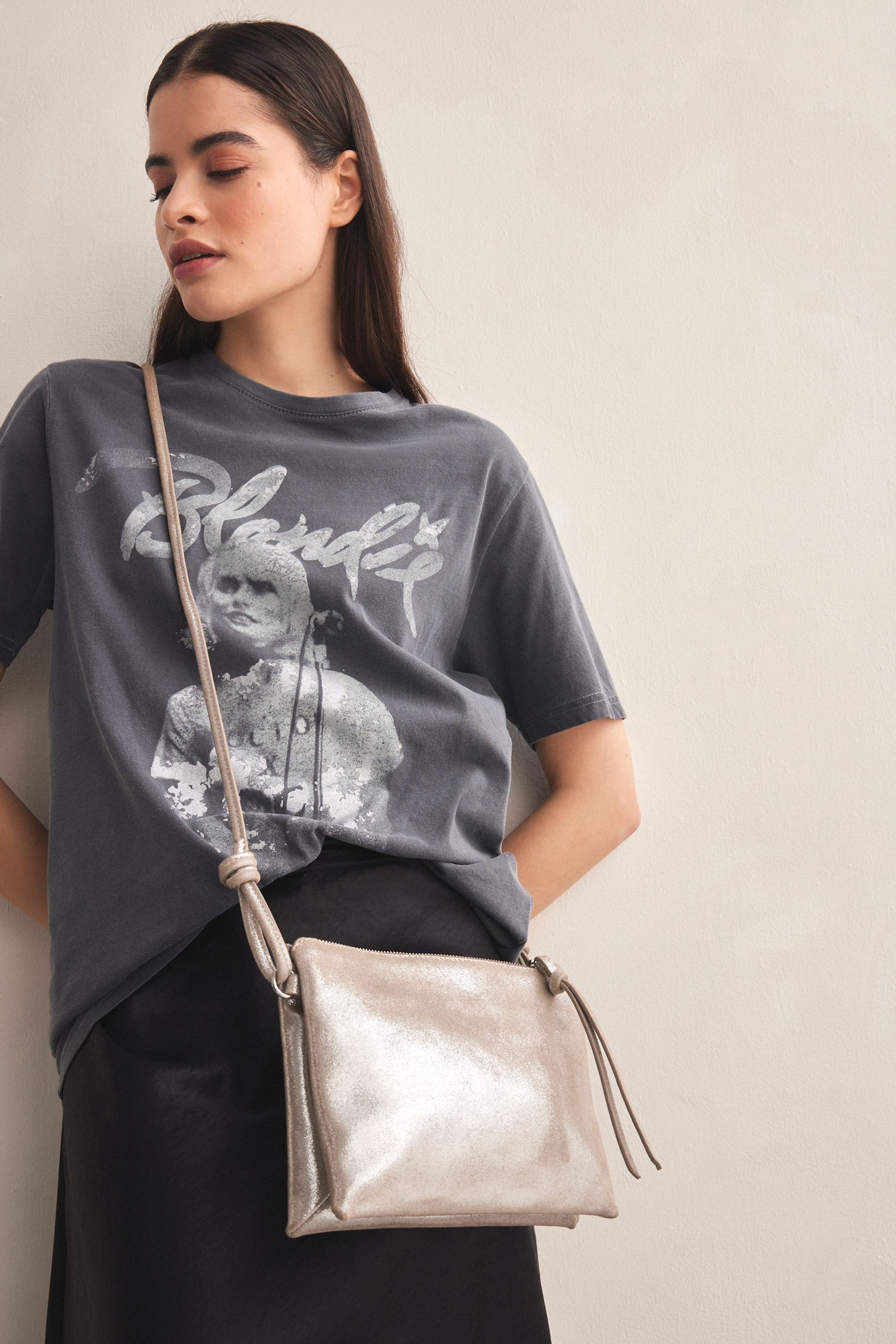 Silver Leather Cross Body Bag