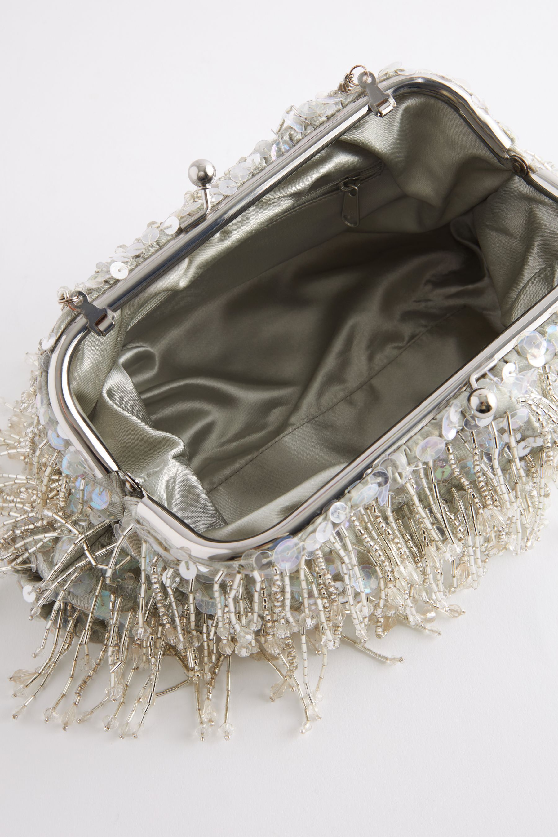 Silver Beaded Fringe Clutch Bag