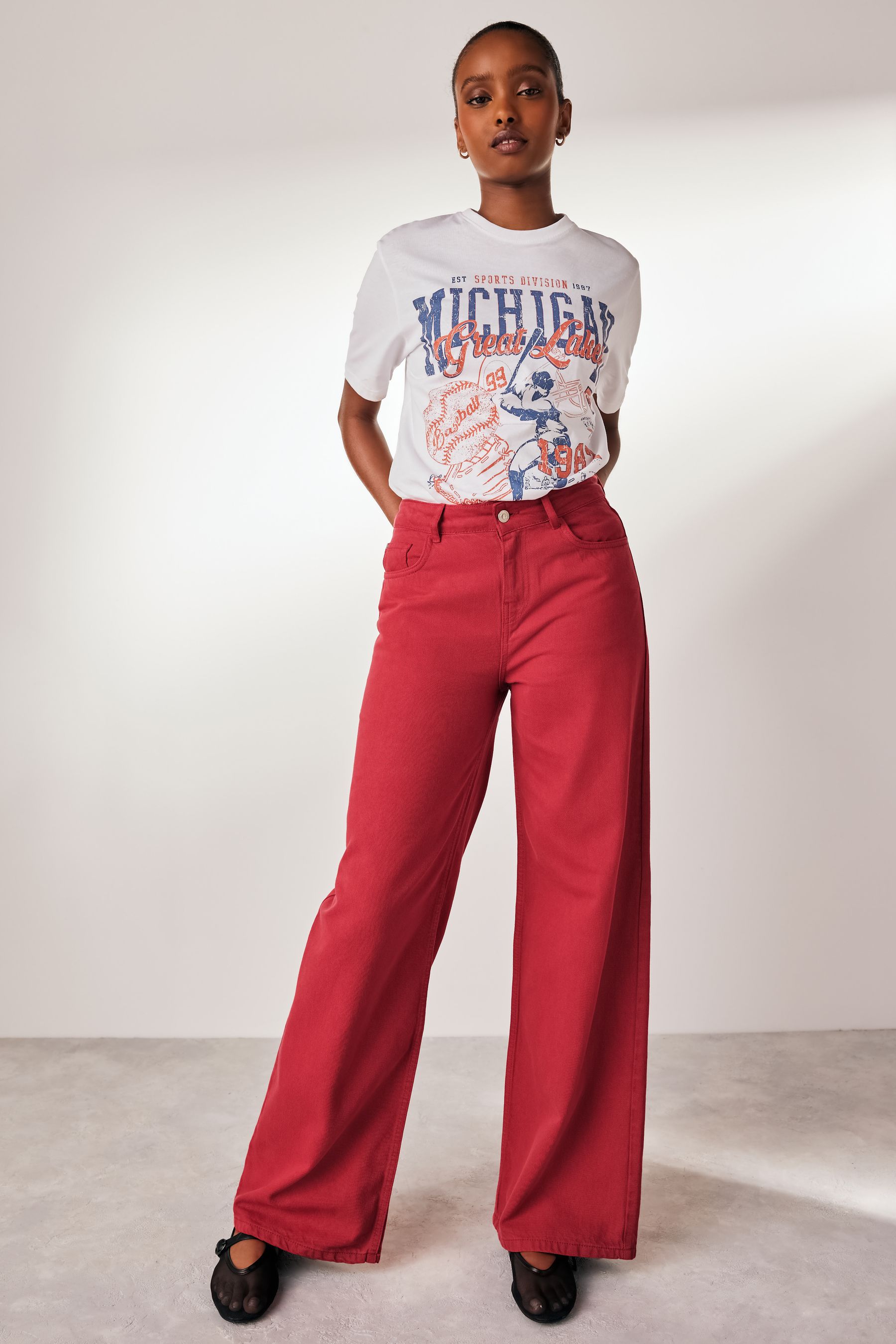 Red bell bottoms jeans top