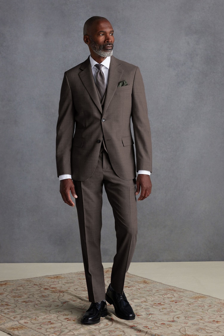 Brown Slim Fit Signature Tollegno Italian Wool Textured Suit Jacket - Image 2 of 5