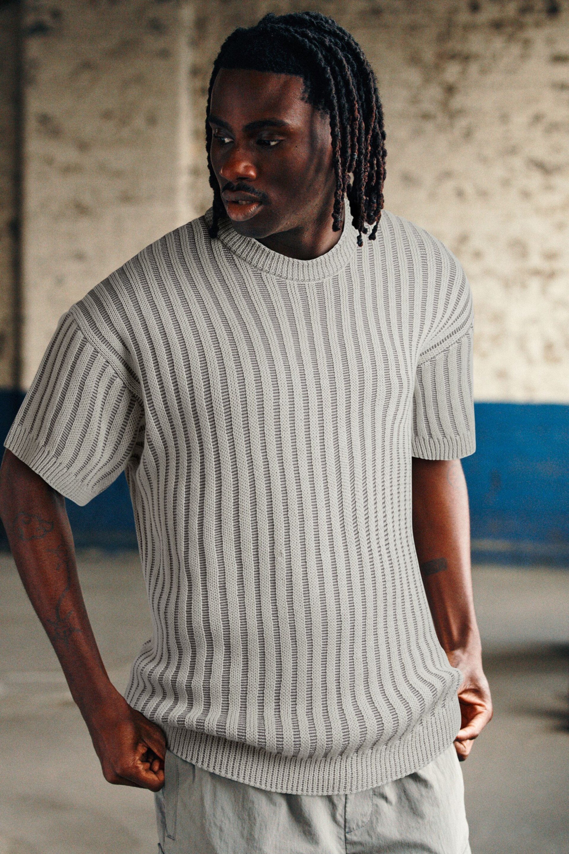 Grey EDIT Relaxed Short Sleeve Knitted Crew Jumper - Image 3 of 7