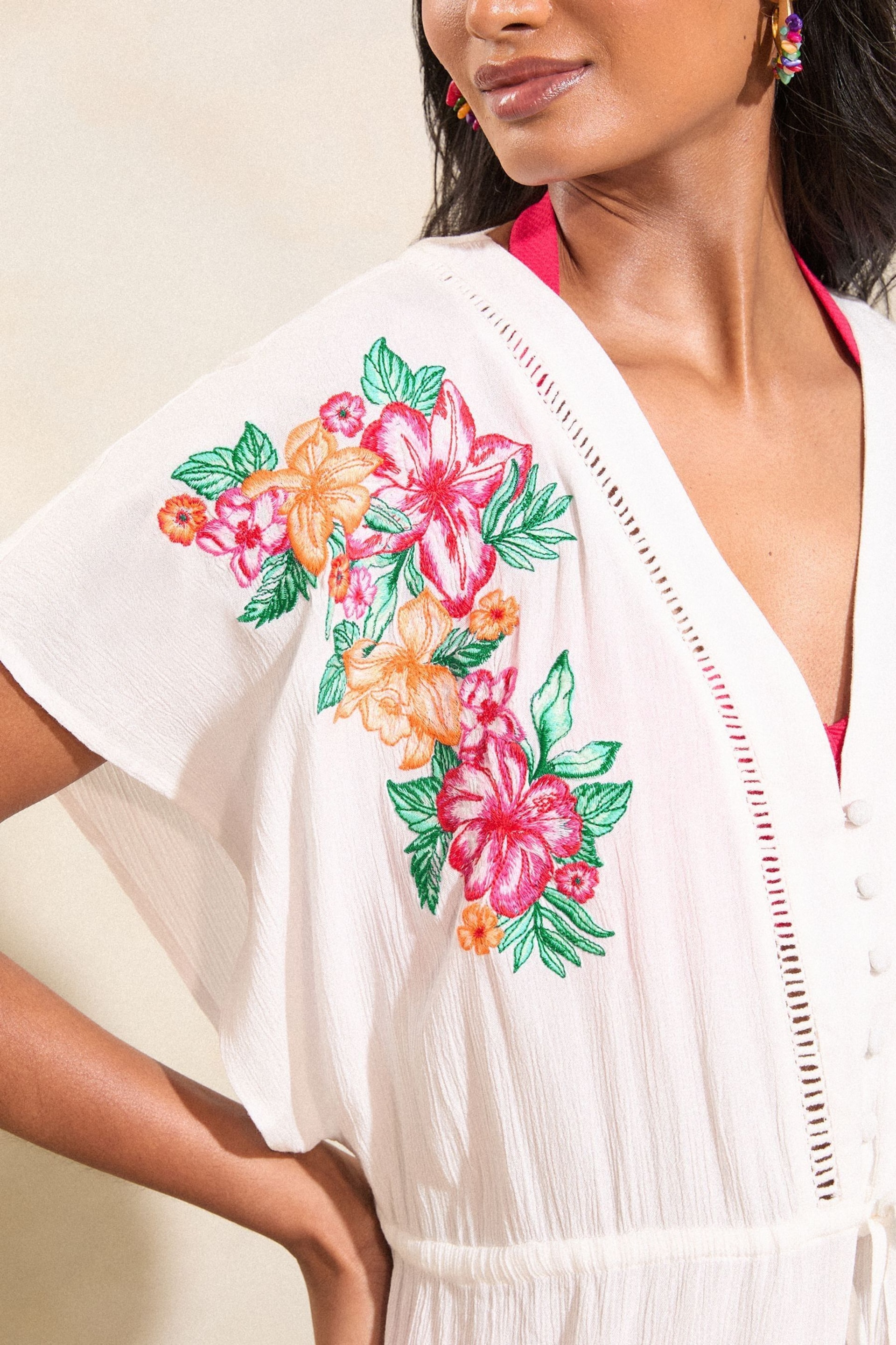 Love & Roses Ivory White Tropical Embroidered Kaftan - Image 2 of 4