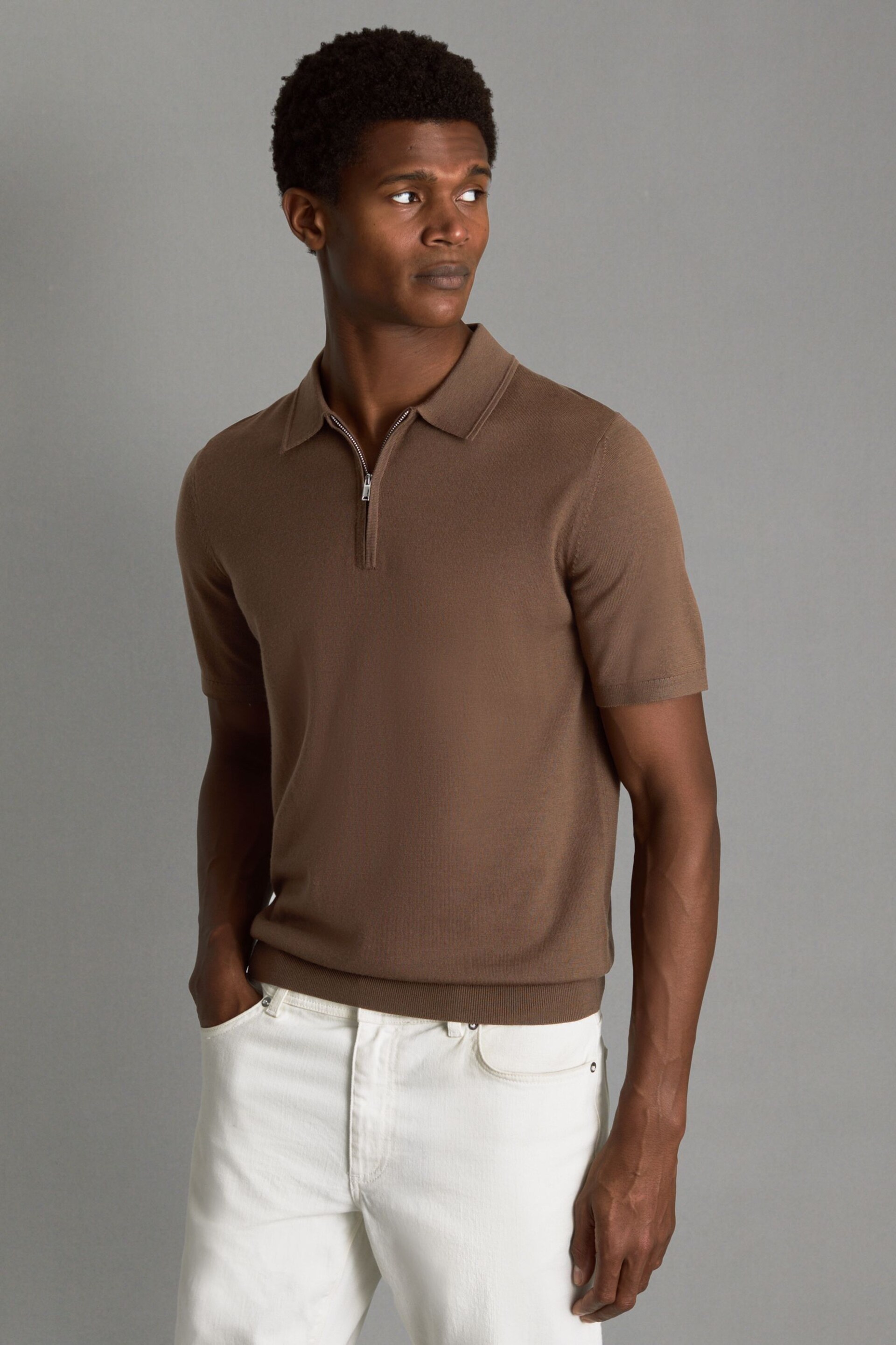 Reiss Pecan Brown Maxwell Merino Wool Half-Zip Polo Shirt - Image 1 of 7