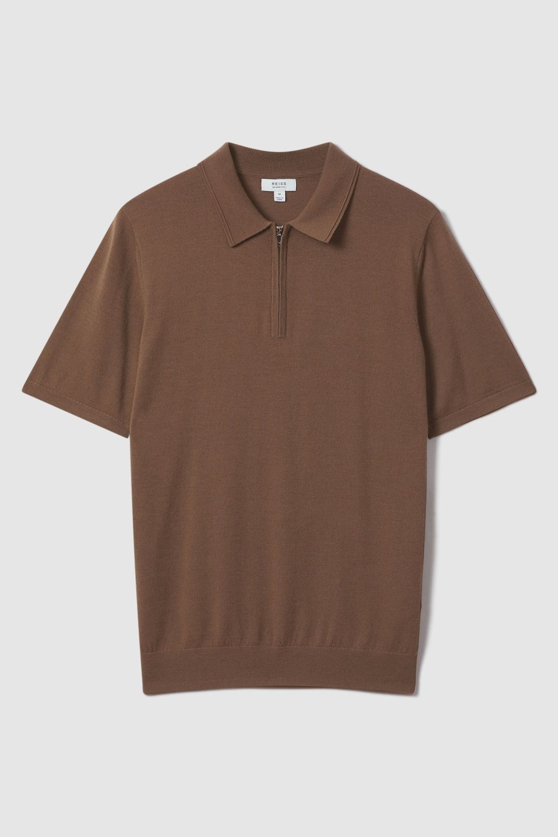 Reiss Pecan Brown Maxwell Merino Wool Half-Zip Polo Shirt - Image 2 of 7
