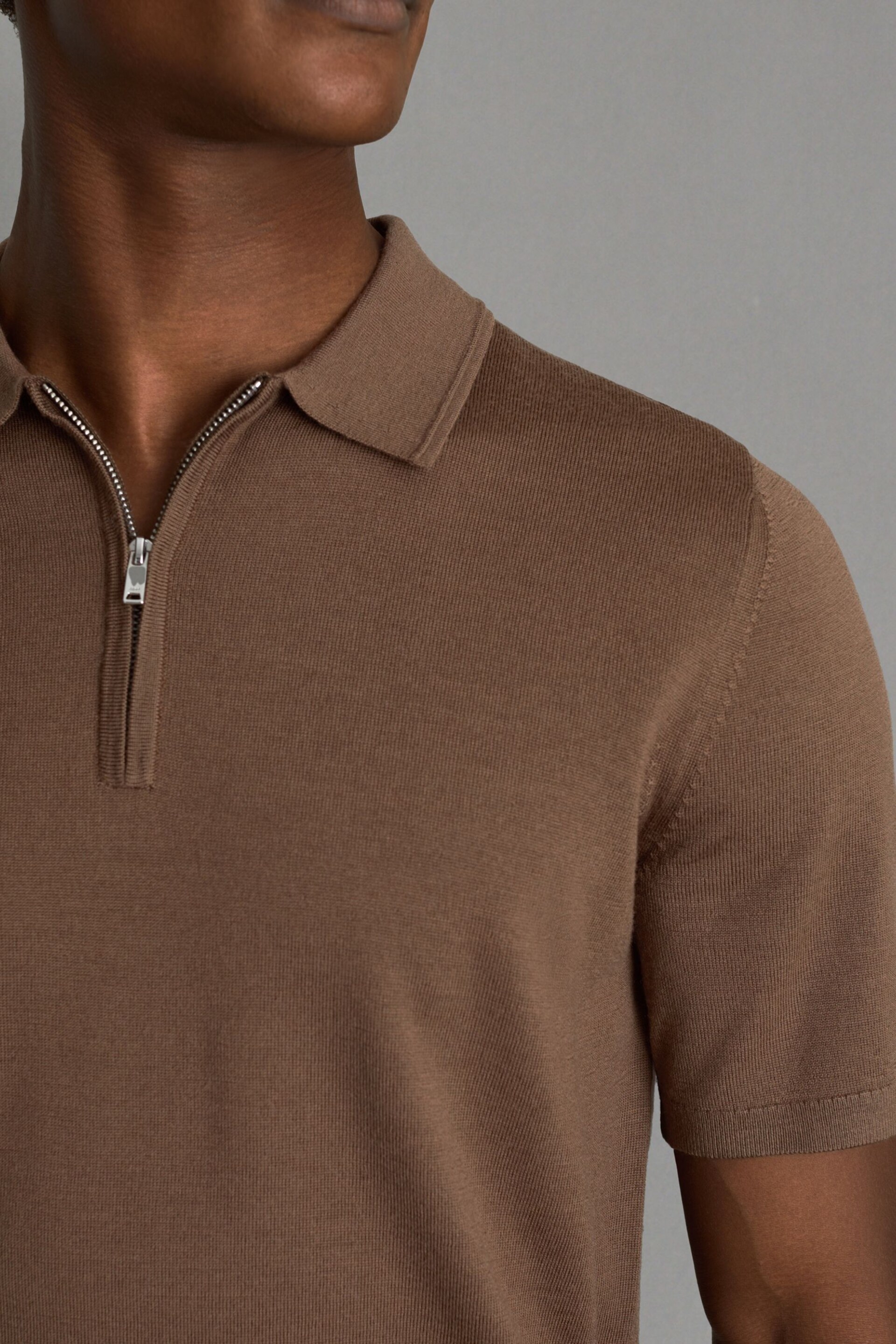 Reiss Pecan Brown Maxwell Merino Wool Half-Zip Polo Shirt - Image 4 of 7