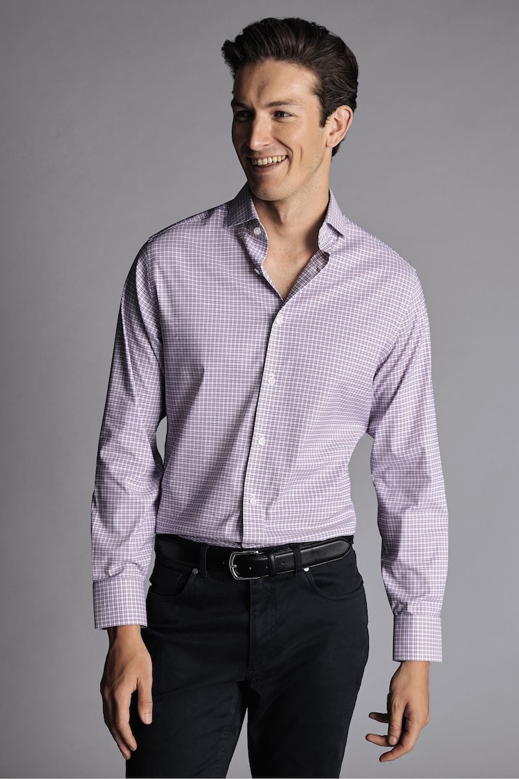 Cămașă stretch din twill Charles Tyrwhitt Verificare fără călcare Slim Fit mov - Image 1 of 5