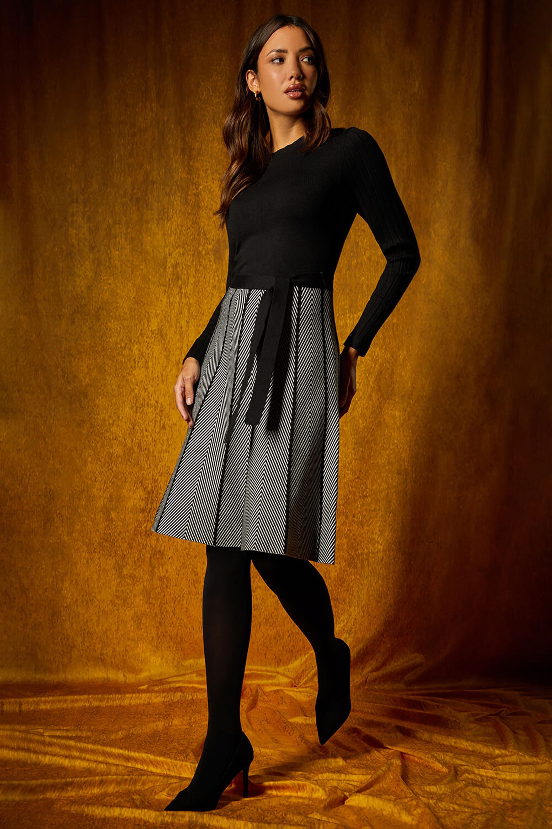 Buy Roman Black Chevron Print Belted Jumper Dress from the Next UK online shop