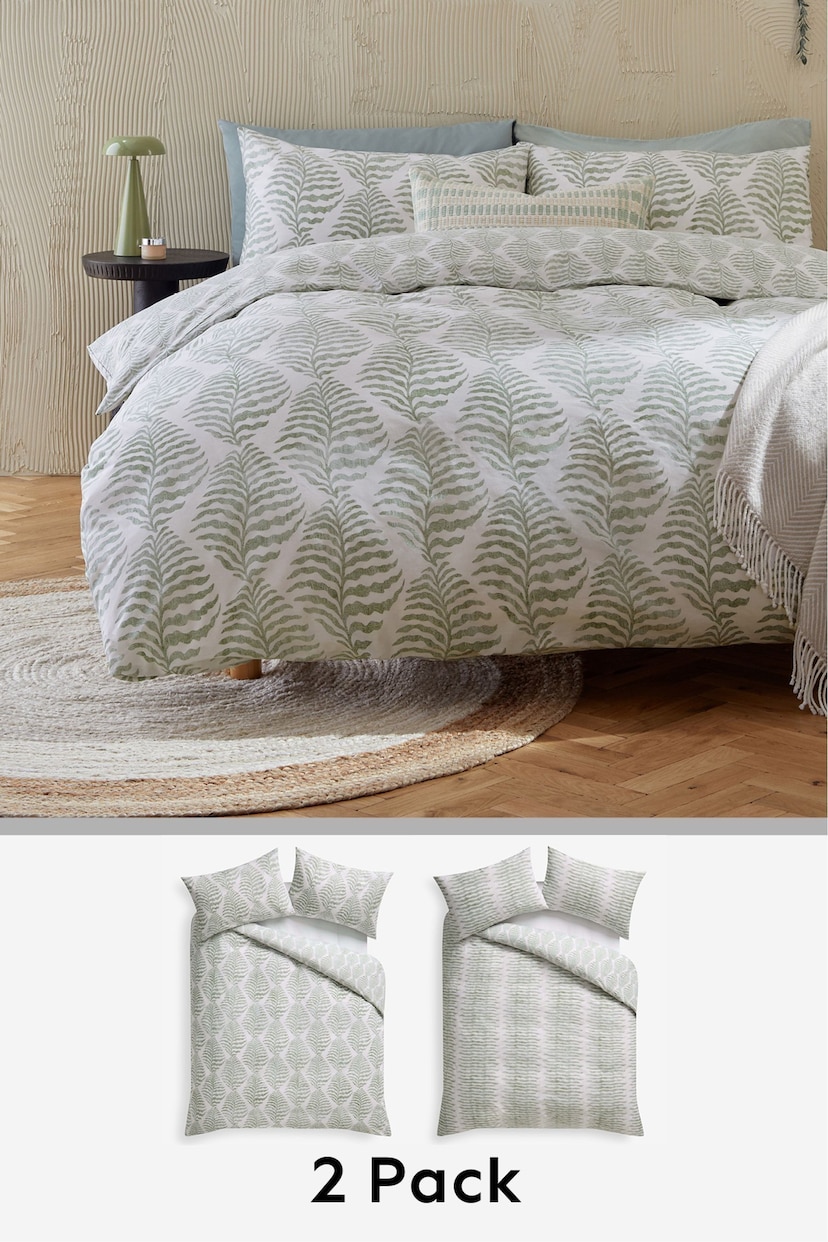 2 Pack Green/White Fern Leaf Reversible Duvet Cover and Pillowcase Set - Image 1 of 8