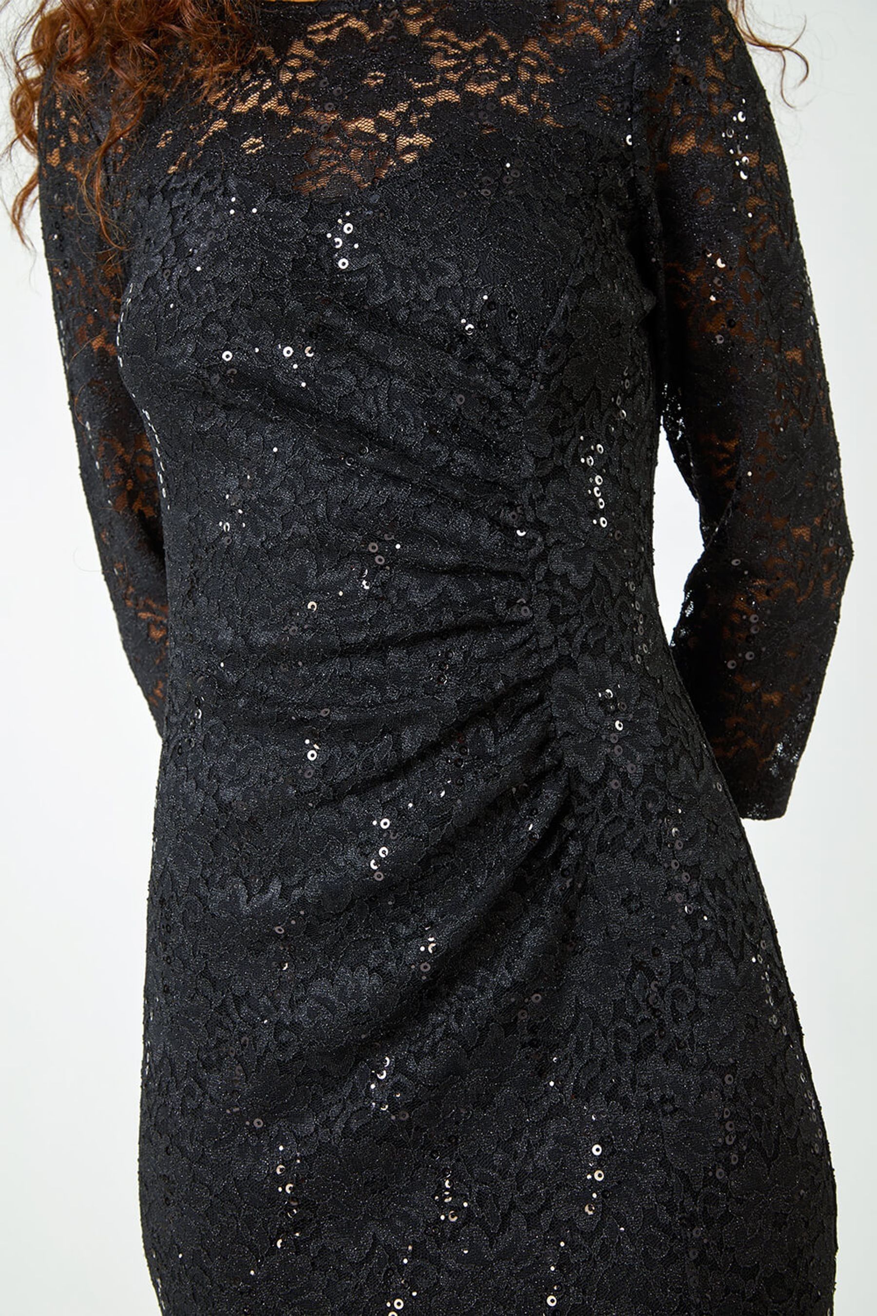 Buy Roman Black Sequin Lace Overlay Ruched Dress from the Next UK online shop