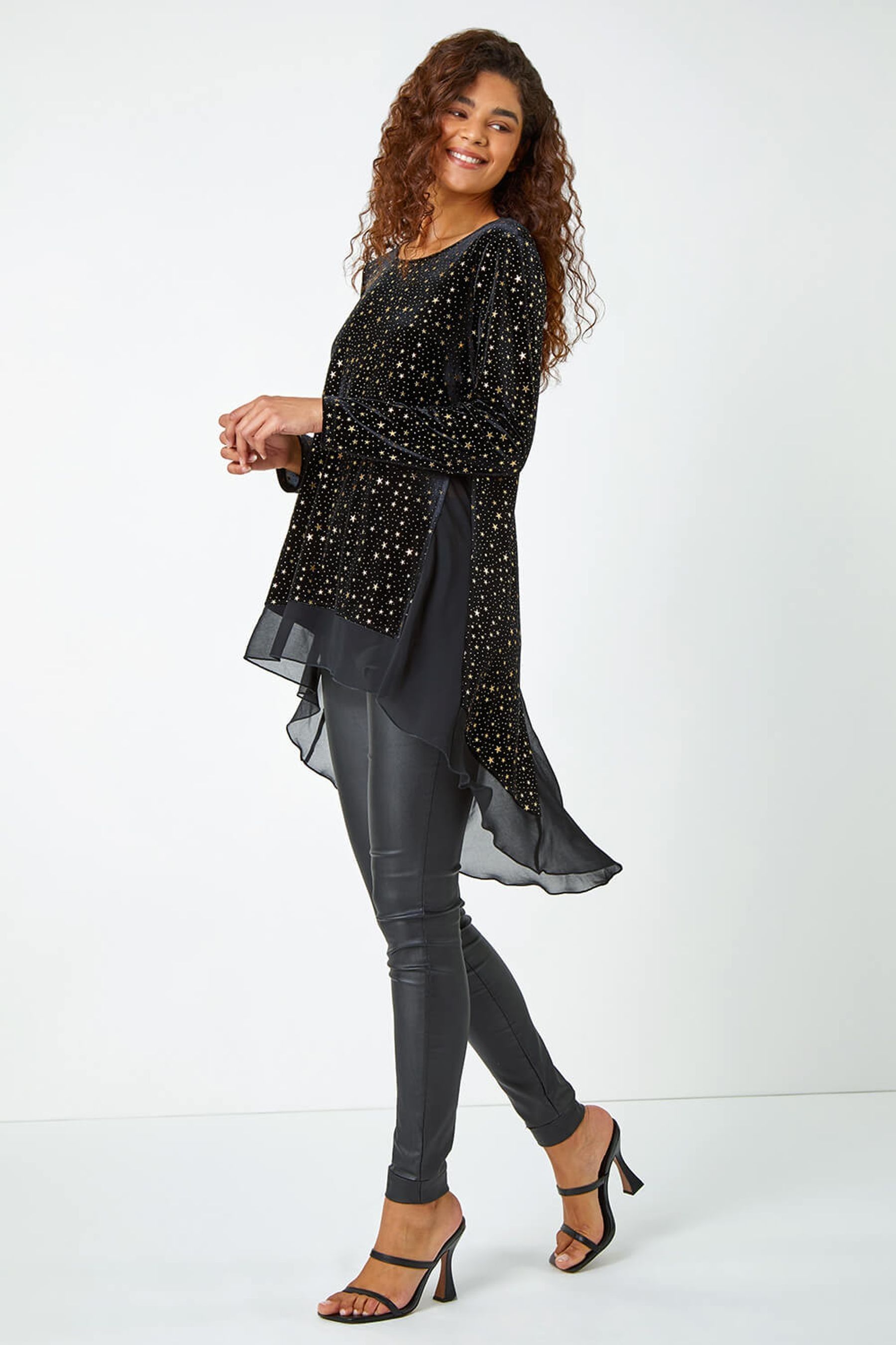 Buy Roman Metallic Star Print Velvet Chiffon Hem Top from Next Ireland