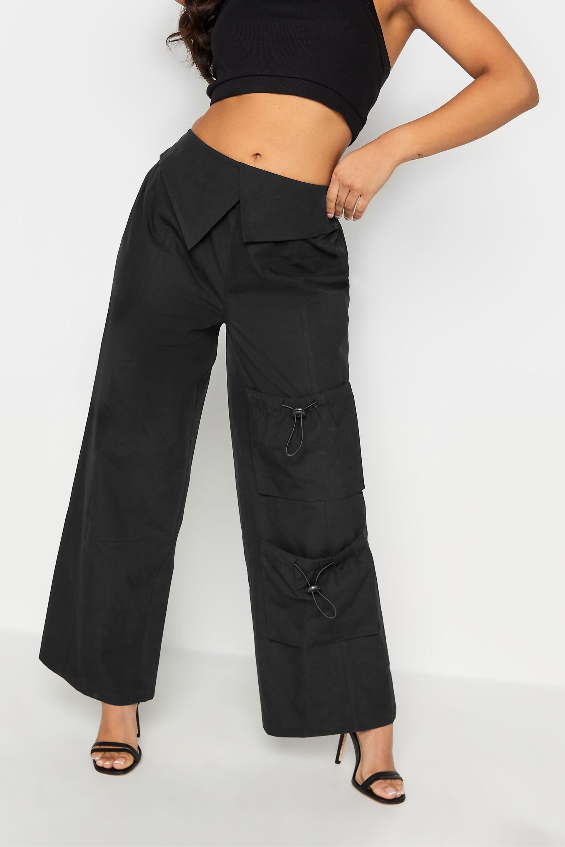 PixieGirl Petite Black Fold Over Cargo Trousers - Image 1 of 5