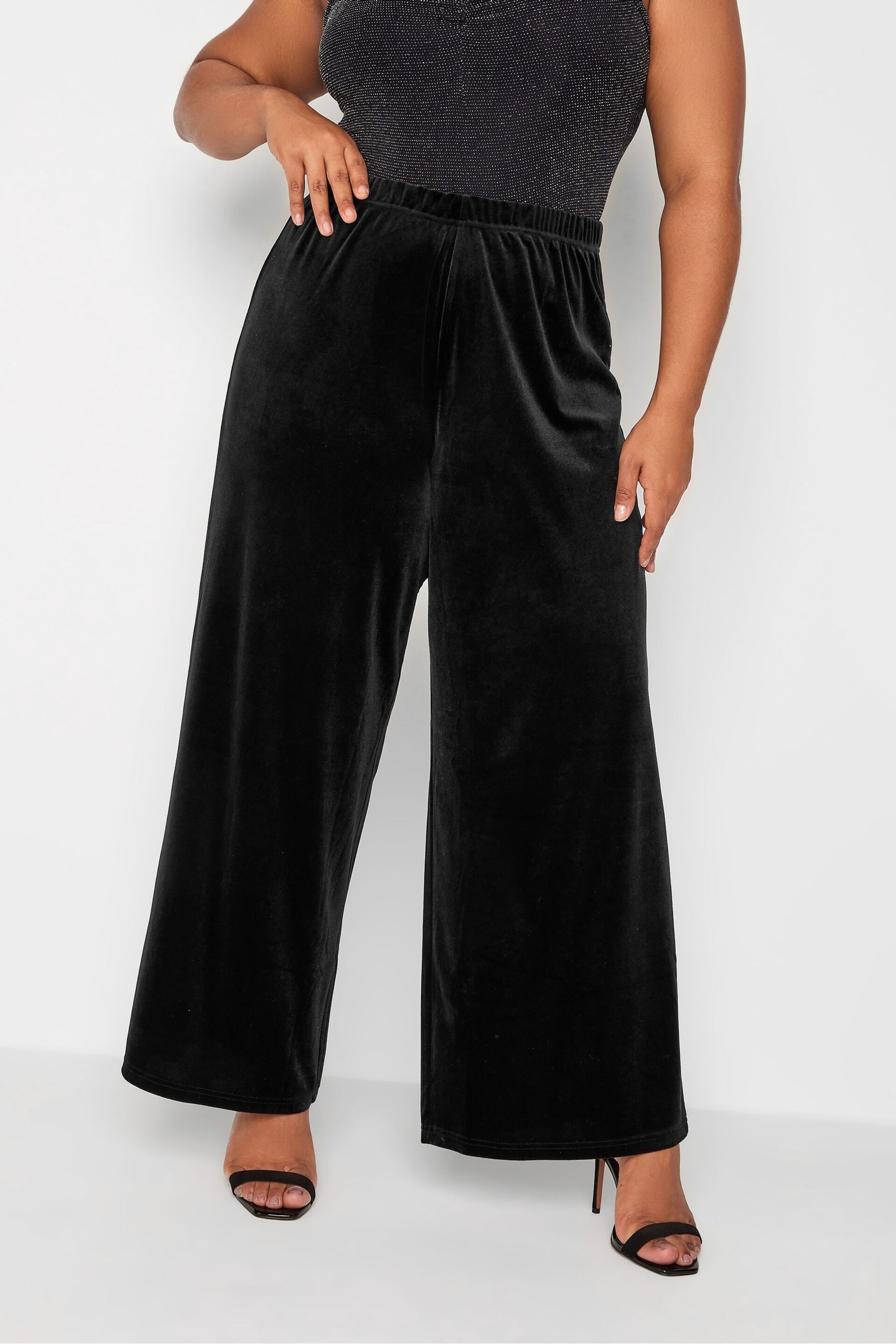 Yours Curve Black Wide Leg Velvet Trousers - Image 1 of 4