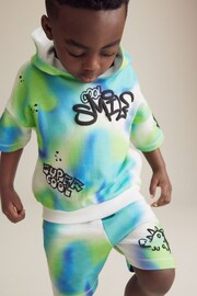 Blue/Green Tie Dye Graffiti Short Sleeve Hooded Sweatshirt and Shorts Set (3mths-7yrs) - Image 1 of 10