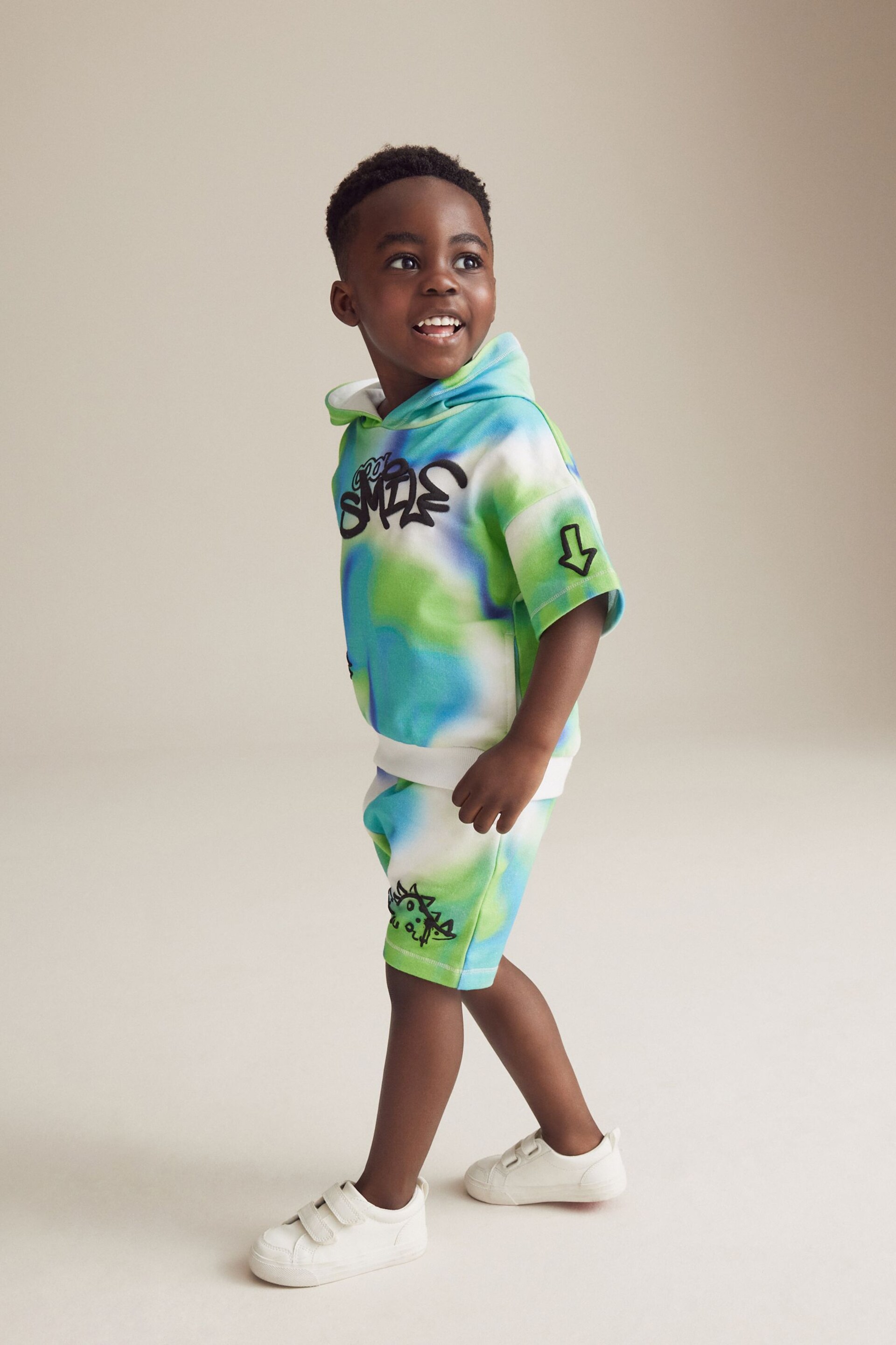 Blue/Green Tie Dye Graffiti Short Sleeve Hooded Sweatshirt and Shorts Set (3mths-7yrs) - Image 3 of 10