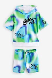 Blue/Green Tie Dye Graffiti Short Sleeve Hooded Sweatshirt and Shorts Set (3mths-7yrs) - Image 7 of 10