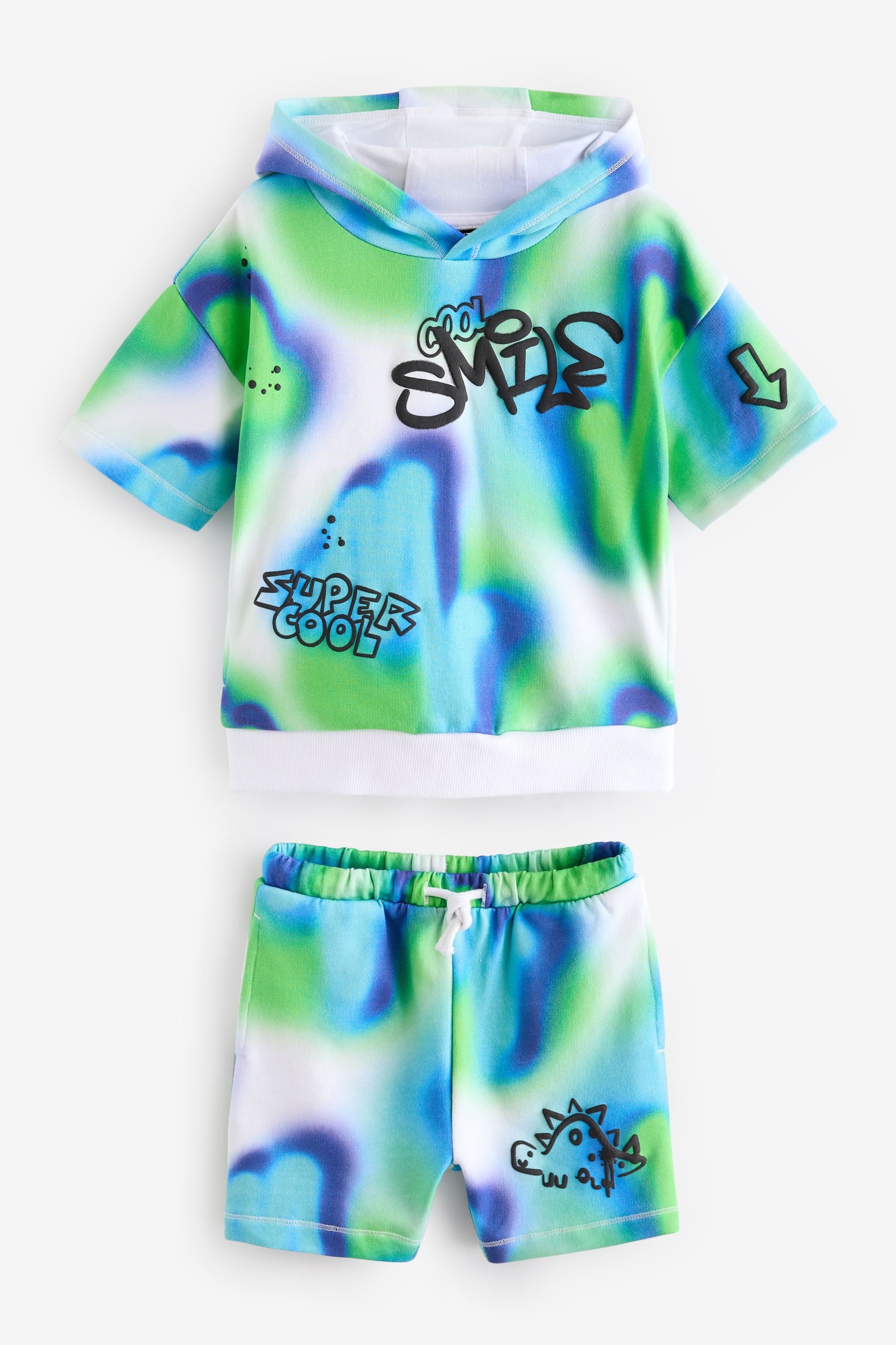 Blue/Green Tie Dye Graffiti Short Sleeve Hooded Sweatshirt and Shorts Set (3mths-7yrs) - Image 7 of 10