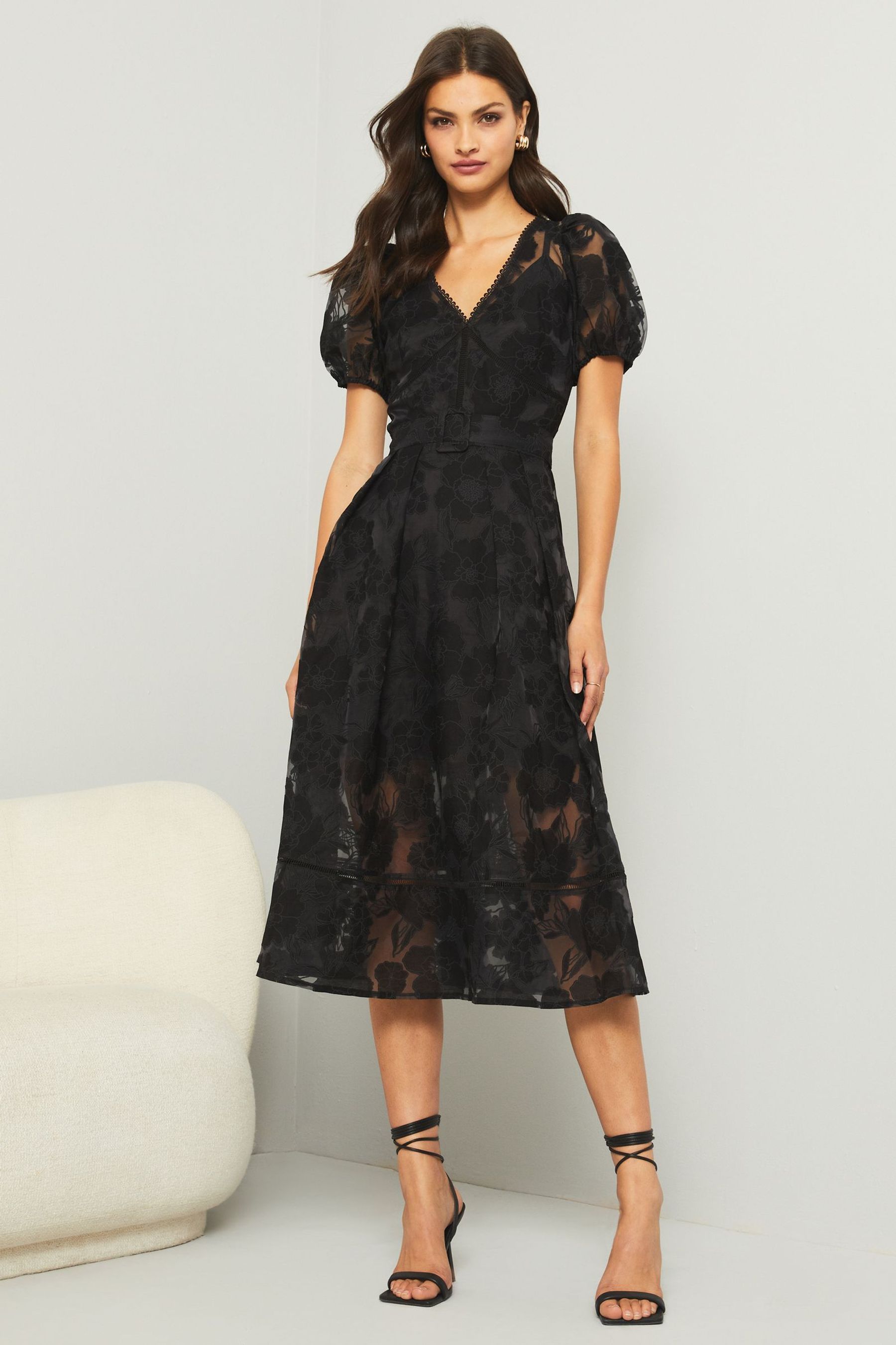 Buy Lipsy Black Premium Burnout Belted Skater Midi Dress from Next Luxembourg
