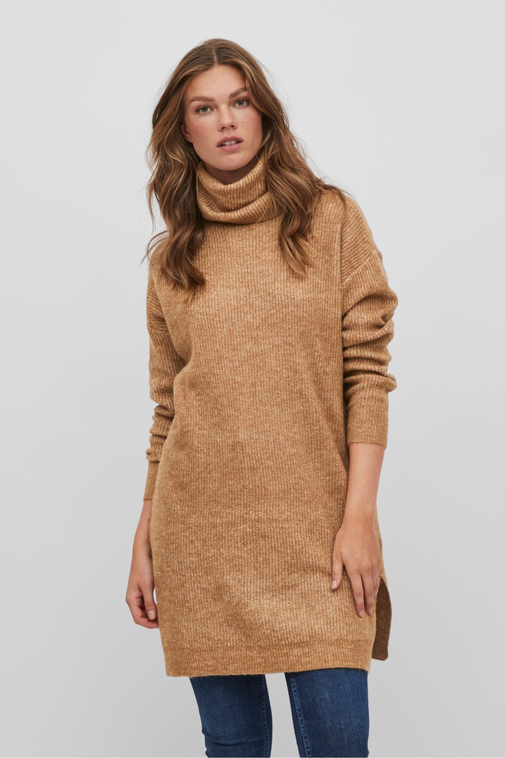 VILA Camel Roll Neck Knitted Dress - Image 1 of 5