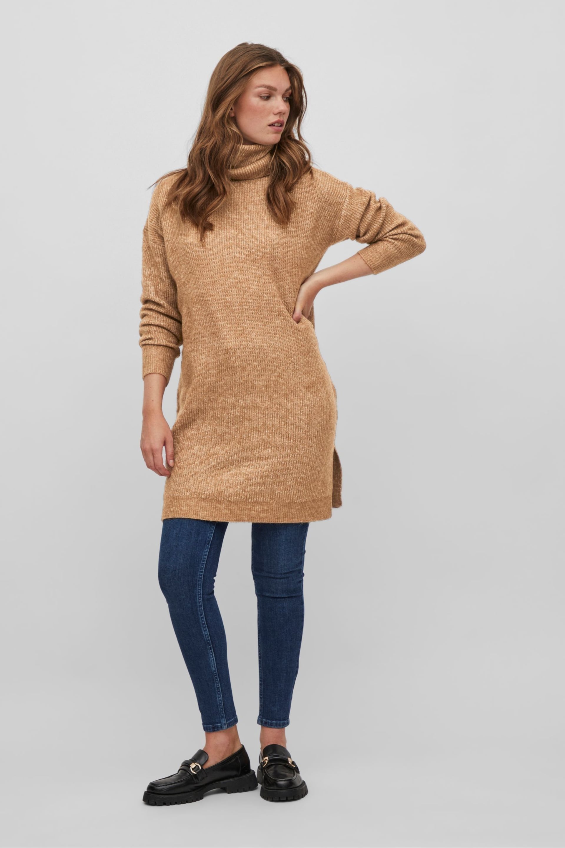 VILA Camel Roll Neck Knitted Dress - Image 2 of 5