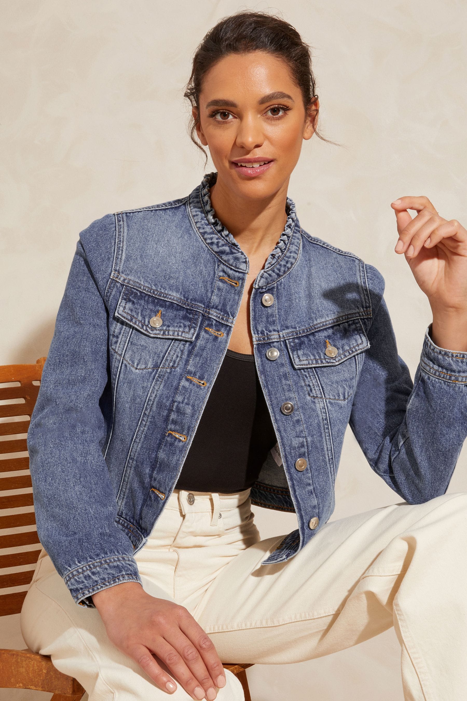 Buy Love Roses Mid Wash Ruffle Collar Denim Jacket from Next Luxembourg