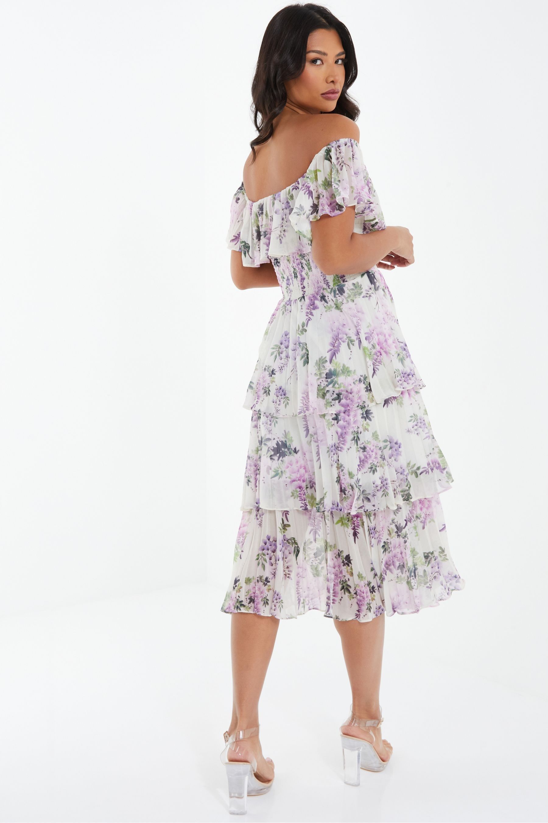 Buy Quiz White Multi Chiffon Floral Bardot Tiered Midi Dress from Next Luxembourg