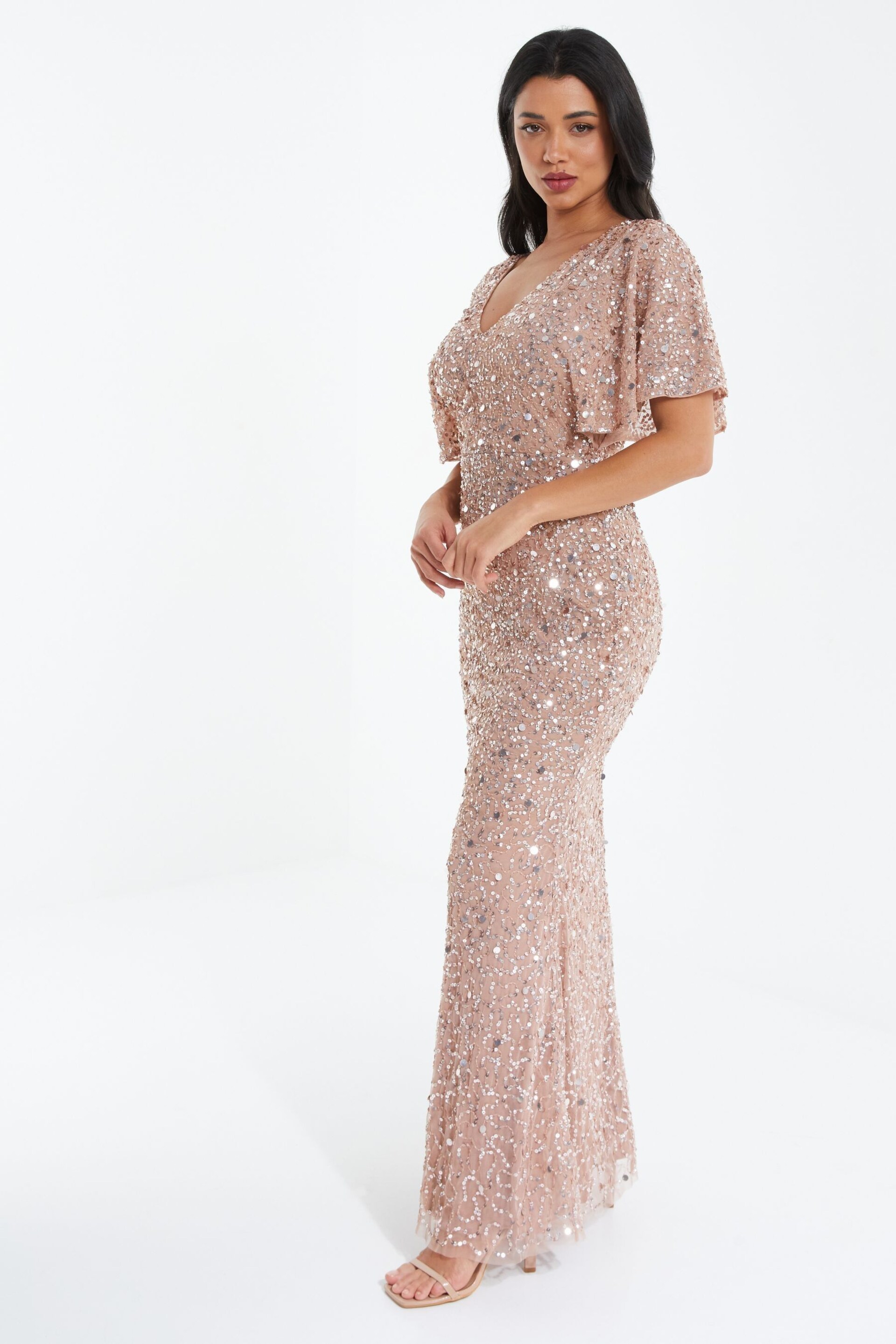 Quiz Pink Sequin V Neck Batwing Maxi Dress - Image 4 of 5