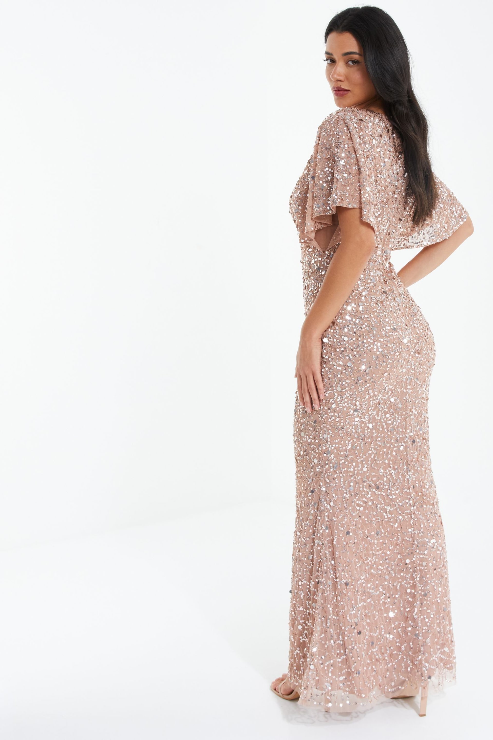 Quiz Pink Sequin V Neck Batwing Maxi Dress - Image 5 of 5