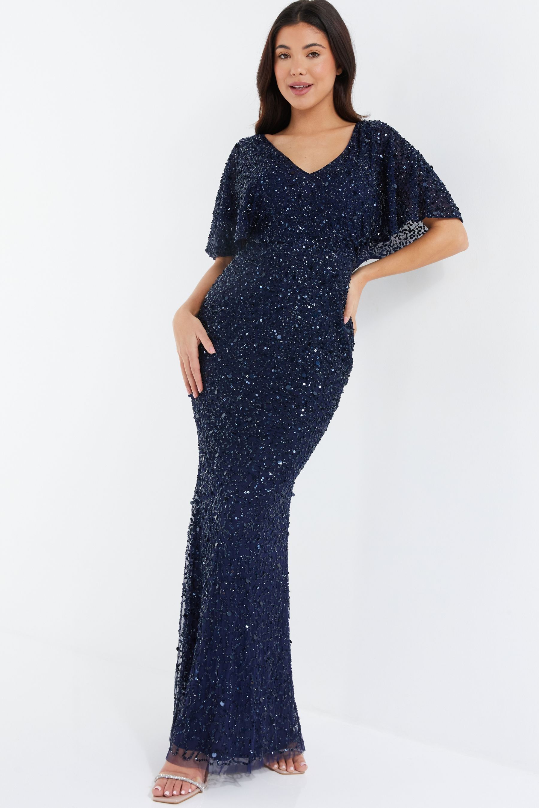 Buy Quiz Navy Blue Sequin V Neck Batwing Maxi Dress from Next Ireland