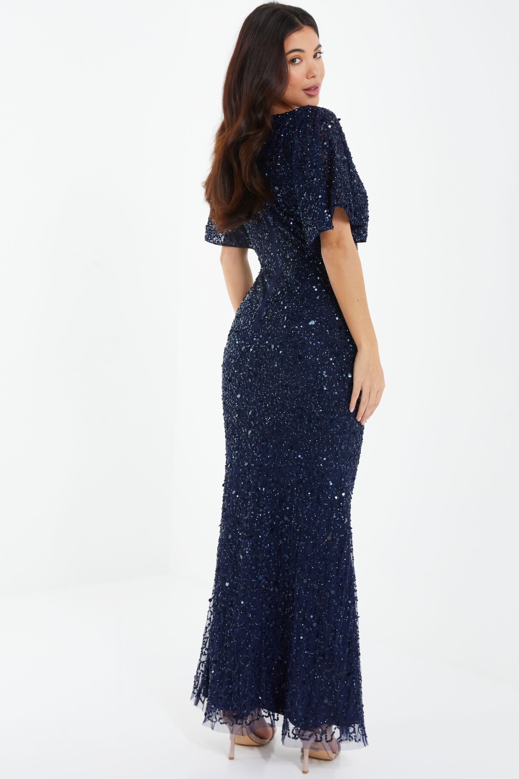 Buy Quiz Navy Blue Sequin V Neck Batwing Maxi Dress from Next Ireland