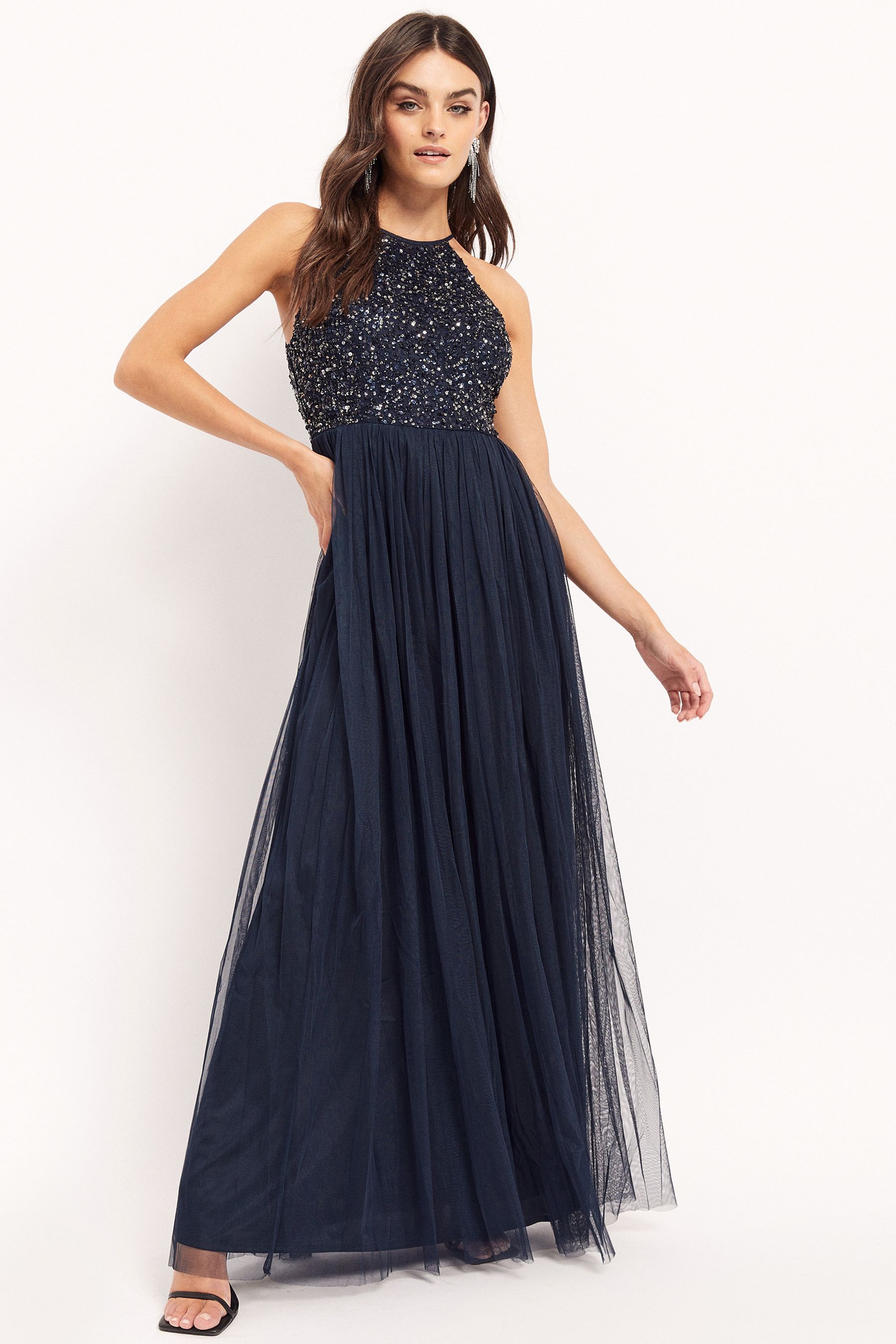 Buy Maya Navy Blue Halterneck Delicate Sequin Maxi Dress from Next Luxembourg