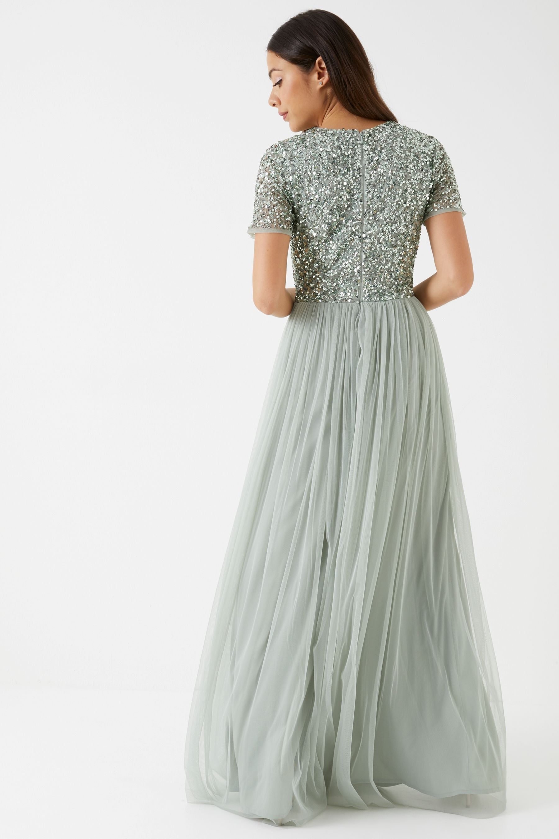 Buy Maya Sage Green Petite V Neck Short Sleeve Sequin Maxi Dress from Next Luxembourg