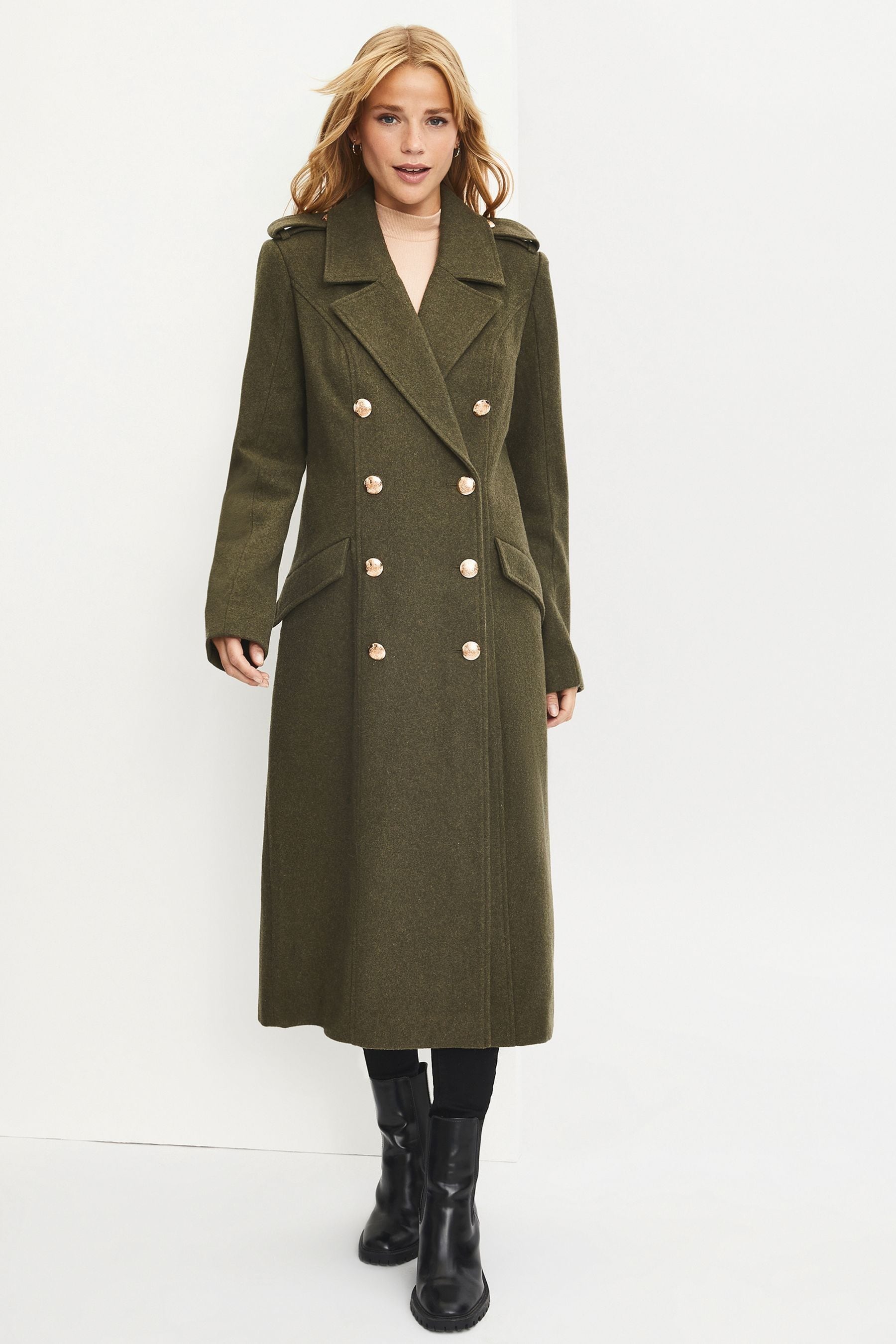 Buy Y.A.S Green Premium Military Button Longline Wool Coat from Next Luxembourg