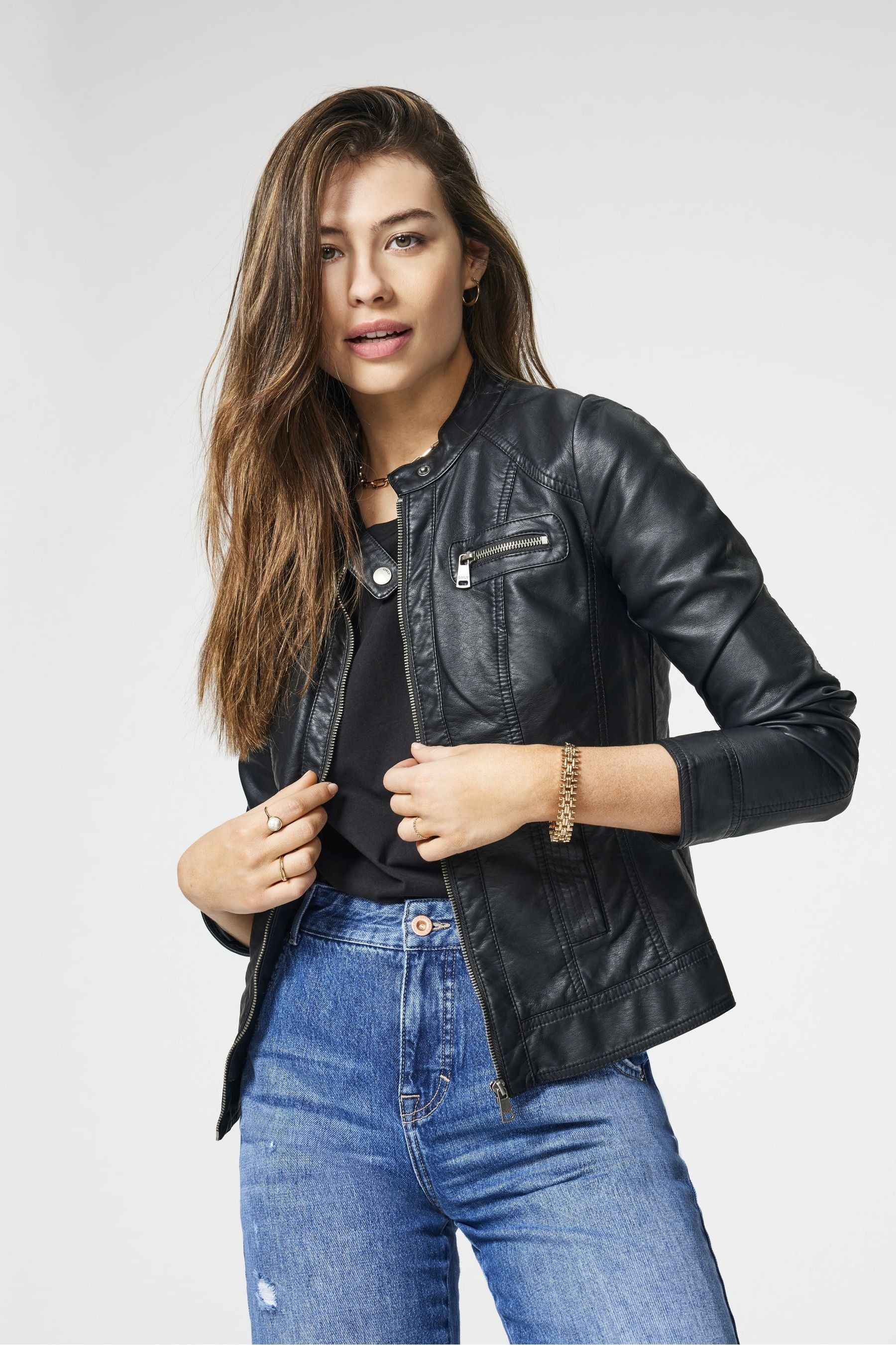 Collarless pu jacket sales