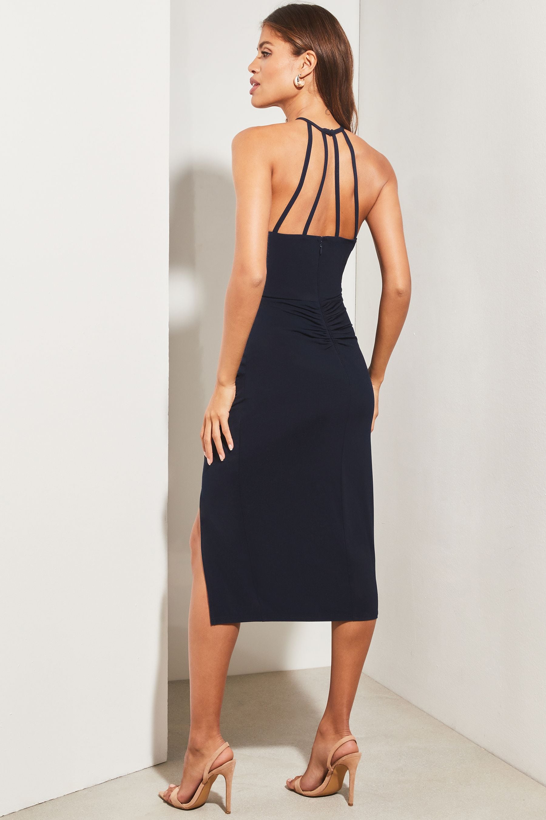 Buy Lipsy Navy Sequin Lace Halter Midi Ruched Dress with Side Split from Next Luxembourg