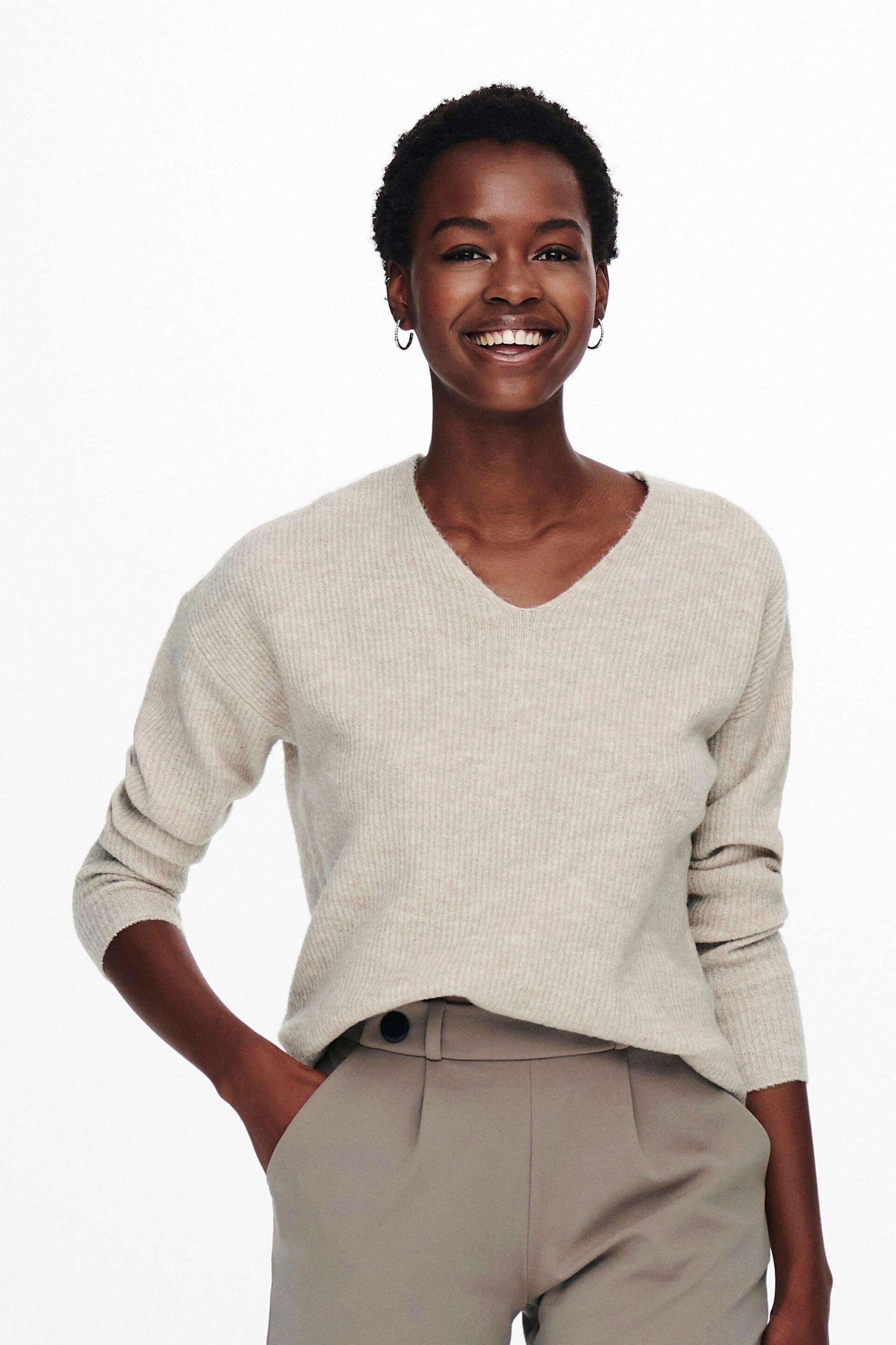 ONLY Stone V Neck Cosy Knitted Jumper - Image 1 of 5