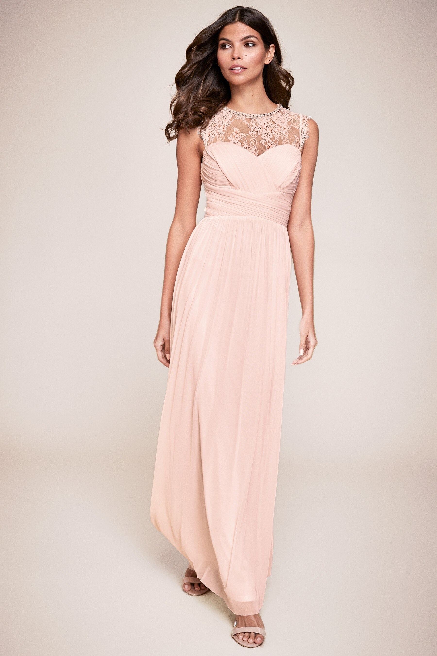 Buy Lipsy Nude Elsa Lace Sleeveless Mesh Maxi Bridesmaid Dress from Next Luxembourg