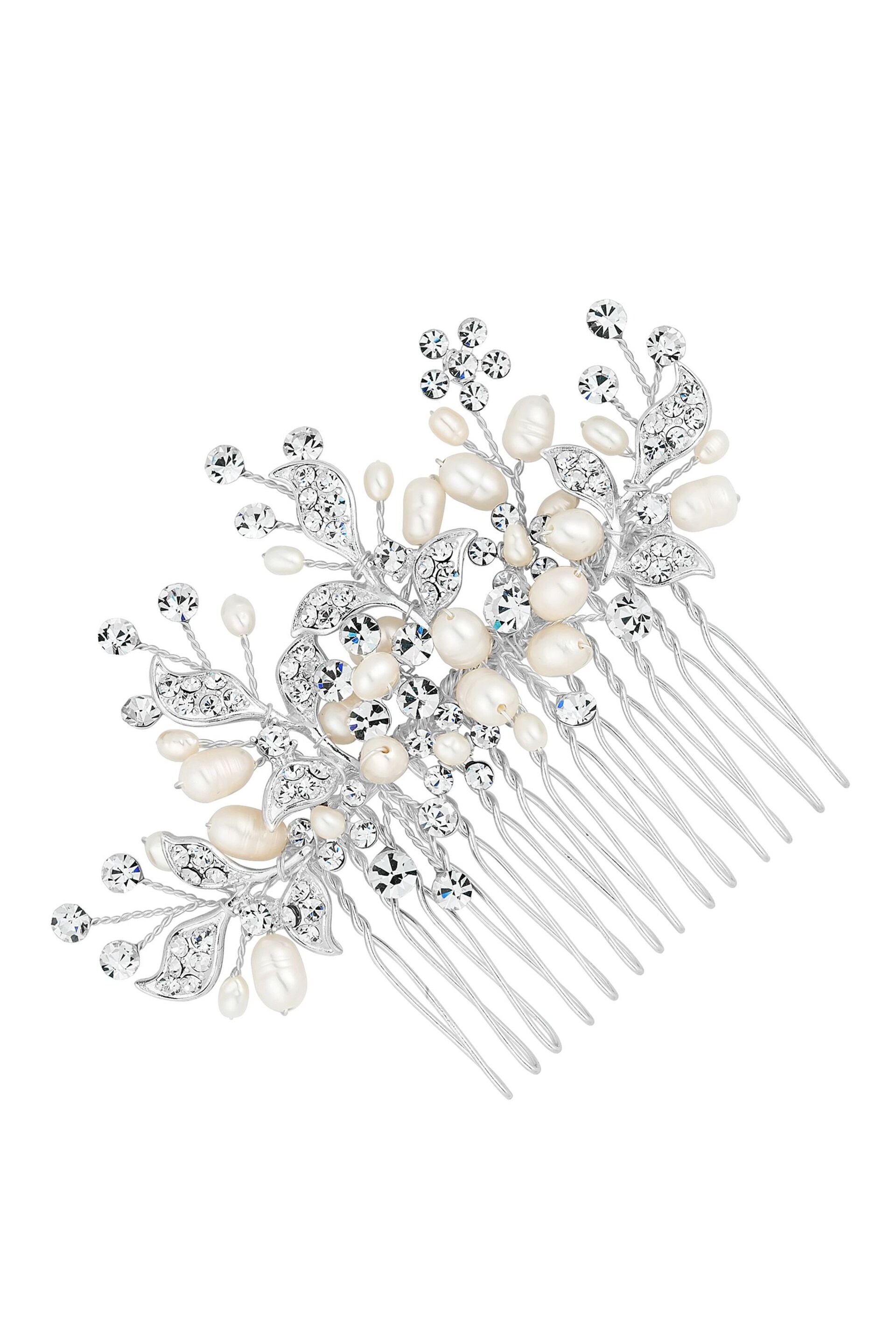 Jon Richard Silver Plated Pave Leaf And Freshwater Pearl Spray Comb - Gift Pouch - Image 1 of 2