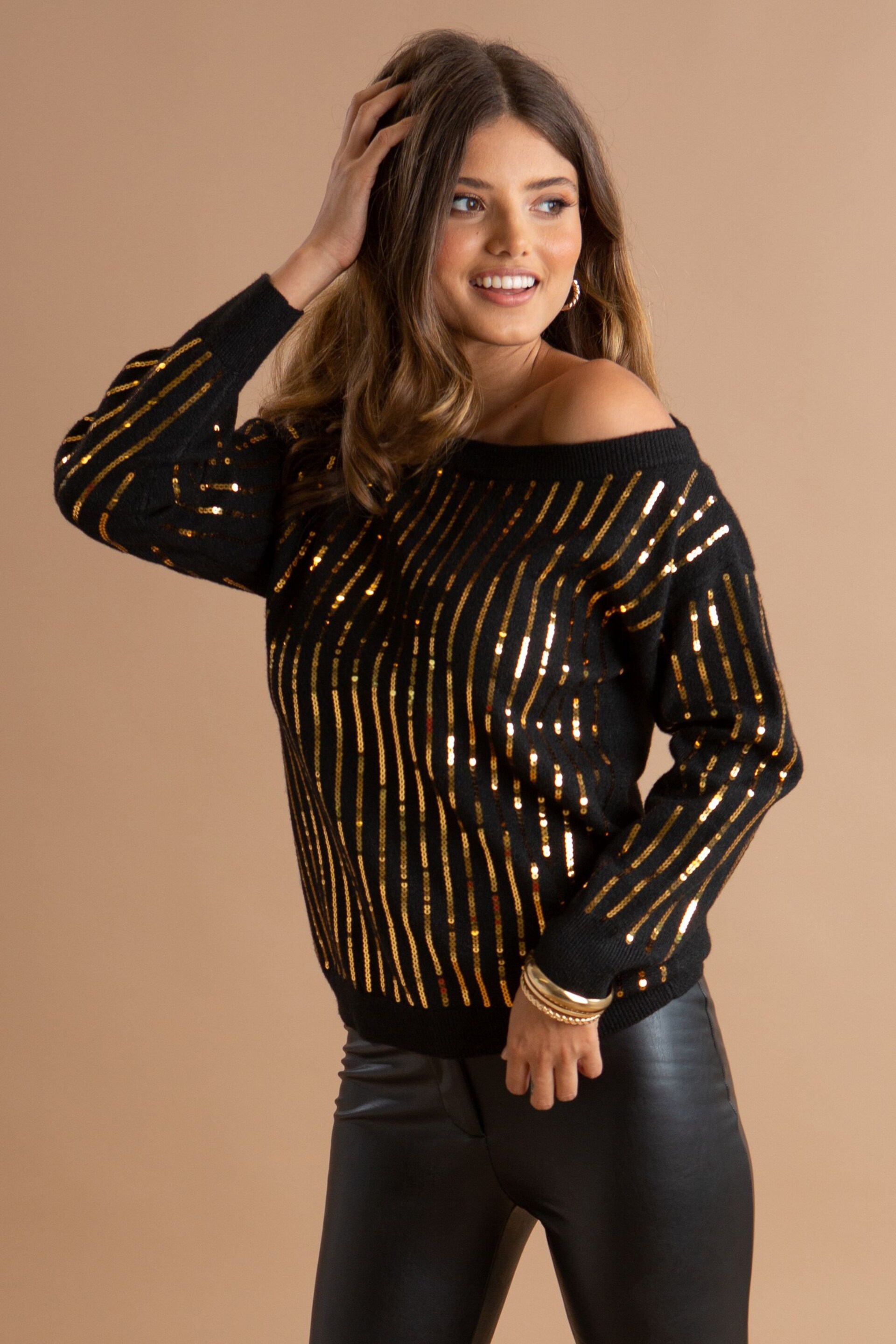 Pour Moi Black Sequin Off Shoulder Knit Jumper - Image 1 of 5