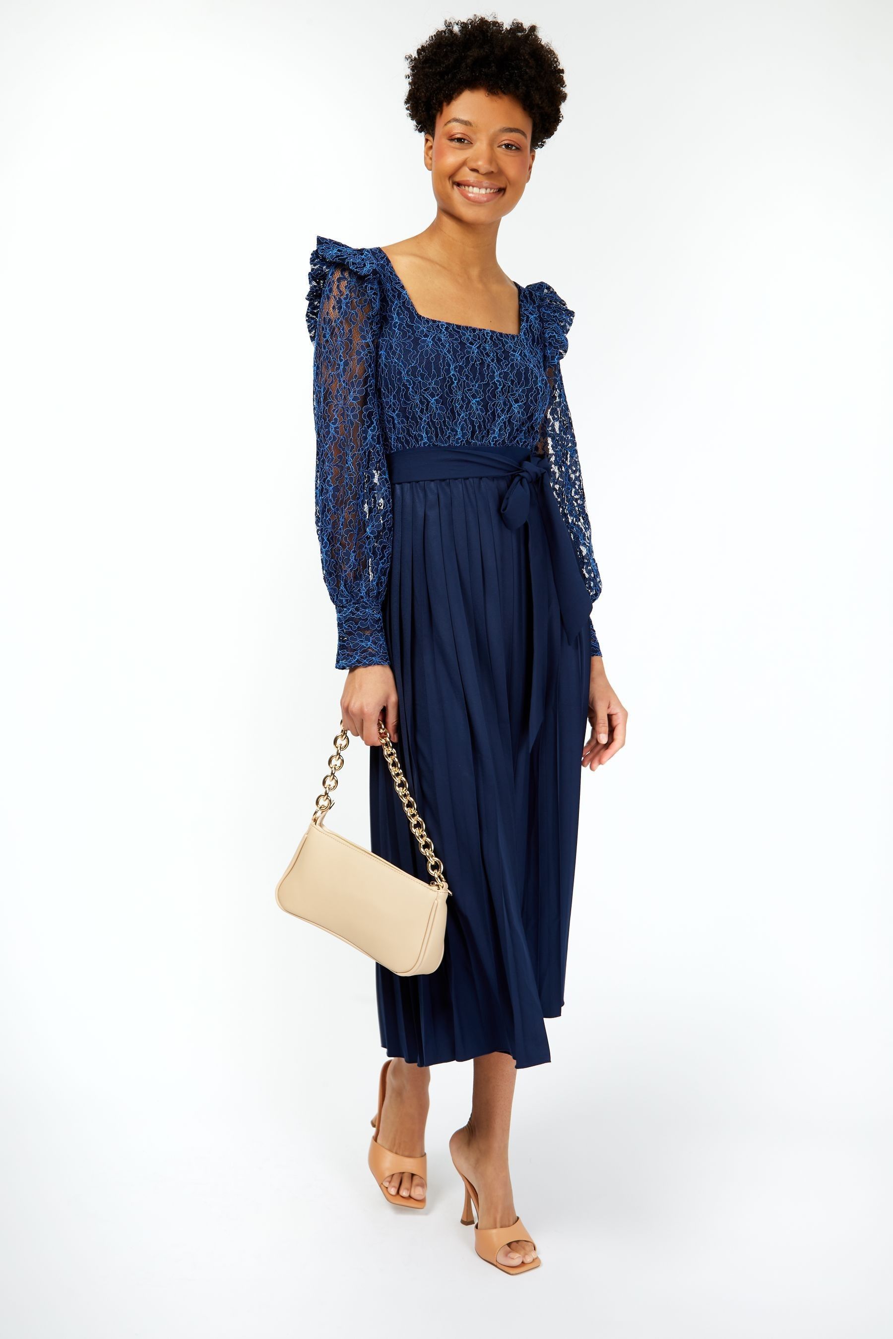 Buy Little Mistress Navy Lace Pleat Midaxi Dress from Next Luxembourg