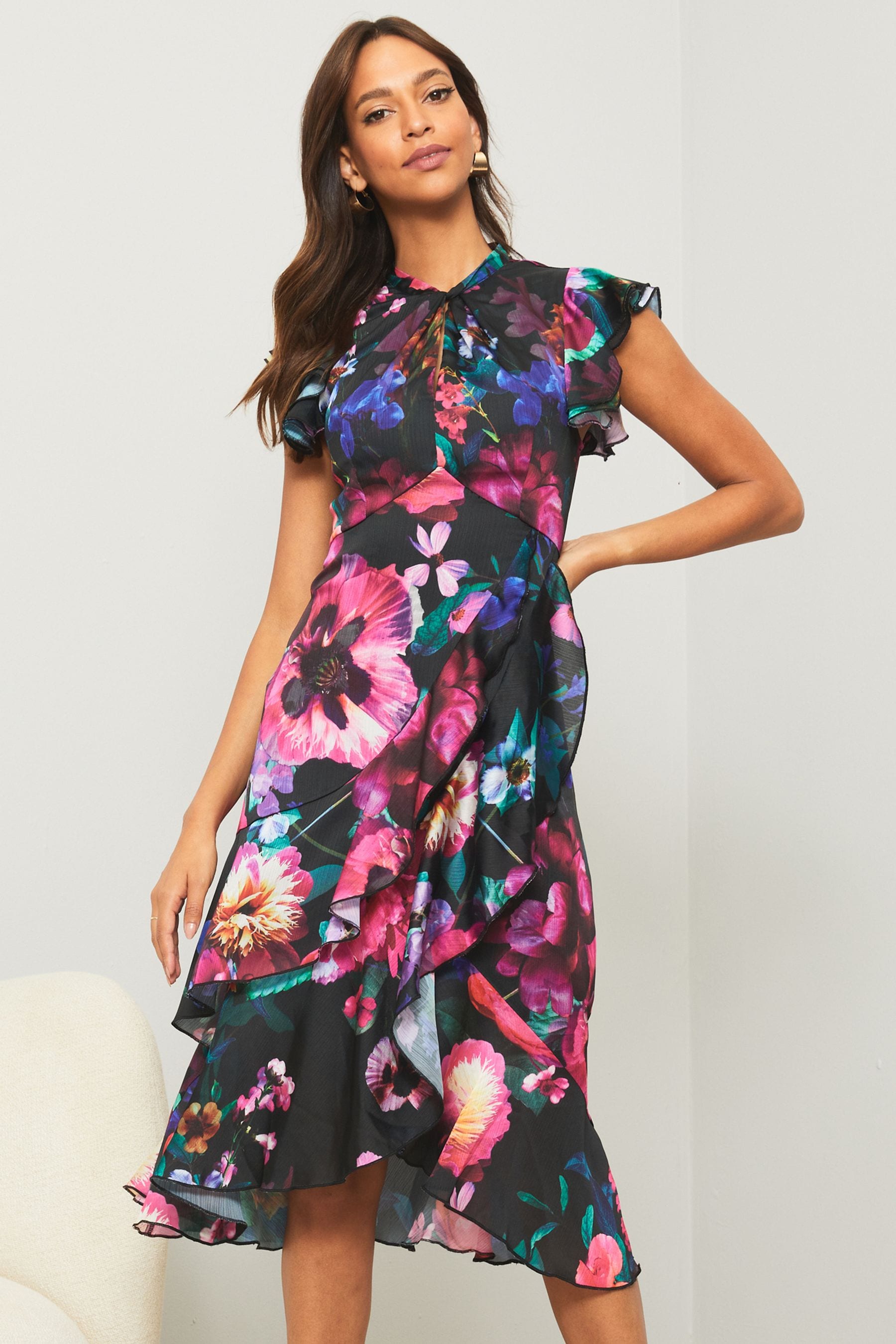 Buy Lipsy Black Multi Petite Printed Keyhole Fit and Flare Midi Dress from Next Luxembourg
